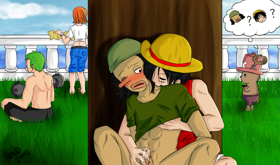 2009 2boys 4boys black_hair cum female handjob human male monkey_d_ruffy multiple_males nami nami_(one_piece) navo one_piece penis pre-timeskip roronoa_zoro shirt_lift sitting straight_hair tony_tony_chopper topless usopp yaoi