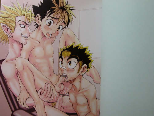 3boys anal censored cum erection eyeshield_21 fellatio group_sex human kobayakawa_sena male male_only multiple_males nude oral penis pointy_ears raimon_tarou sitting testicles threesome yaoi yoichi_hiruma