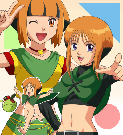 2girls bad_id barefoot blue_eyes bottomless breasts brown_eyes brown_hair chibi closed_eyes cosplay costume_switch dual_persona elpeo_ple elpeo_ple_(cosplay) feet female gardenia_(pokemon) gardenia_(pokemon)_(cosplay) gundam gundam_zz gym_leader haro hat human light-skinned_female light_skin lowres midriff navel nintendo orange_hair pointing pokemoa pokemon pokemon_dppt seiyuu_connection short_hair smile sole soles v voice_actor_connection