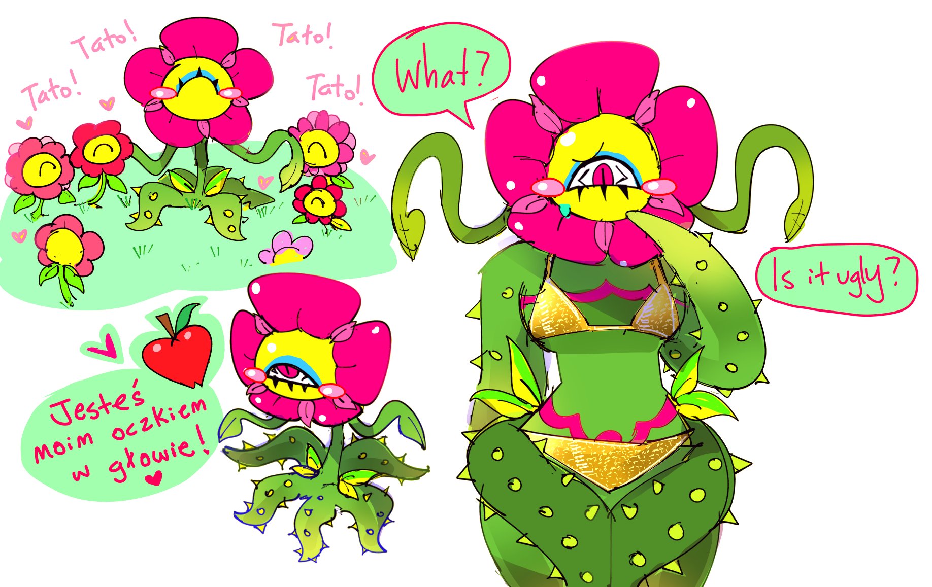 basslapping, bikini, carnation (grace), curvy, curvy figure, cute, dialogue, english text, eyeshadow, feminine male, flower creature, golden bikini, grace (roblox), looking at viewer, nonsexual, plant humanoid, polish, polish text, roblox, roblox game, speech bubble, tagme, text, thorns