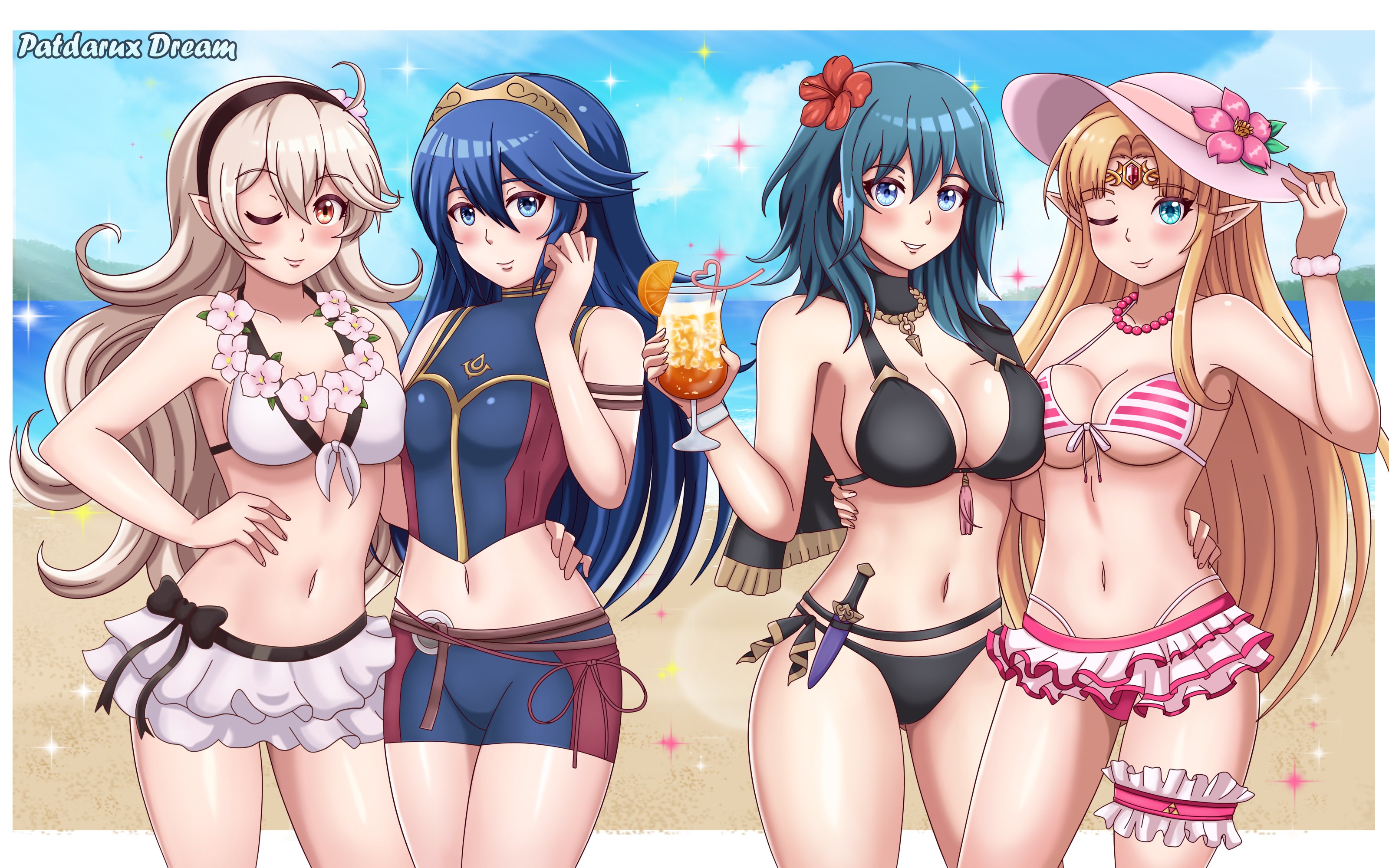 4girls, absurdres, artist name, beach, bikini, black bikini, black hairband, blonde hair, blue eyes, blue hair, blue sky, breasts, byleth (fire emblem), byleth (fire emblem) (female), cleavage, cloud, commission, corrin (fire emblem), corrin (fire emblem) (female), cup, day, drinking straw, female, female only, fire emblem, fire emblem awakening, fire emblem cipher, fire emblem fates, fire emblem heroes, fire emblem: three houses, flower, glass, hair flower, hair ornament, hairband, hat, hat flower, highres, holding, holding cup, long hair, lucina (fire emblem), multiple females, multiple girls, nintendo, one eye closed, outdoors, parted lips, patdarux, pointy ears, princess zelda, red eyes, sky, smile, super smash bros., swimsuit, the legend of zelda, water, white hair, wreath, zelda (a link between worlds)