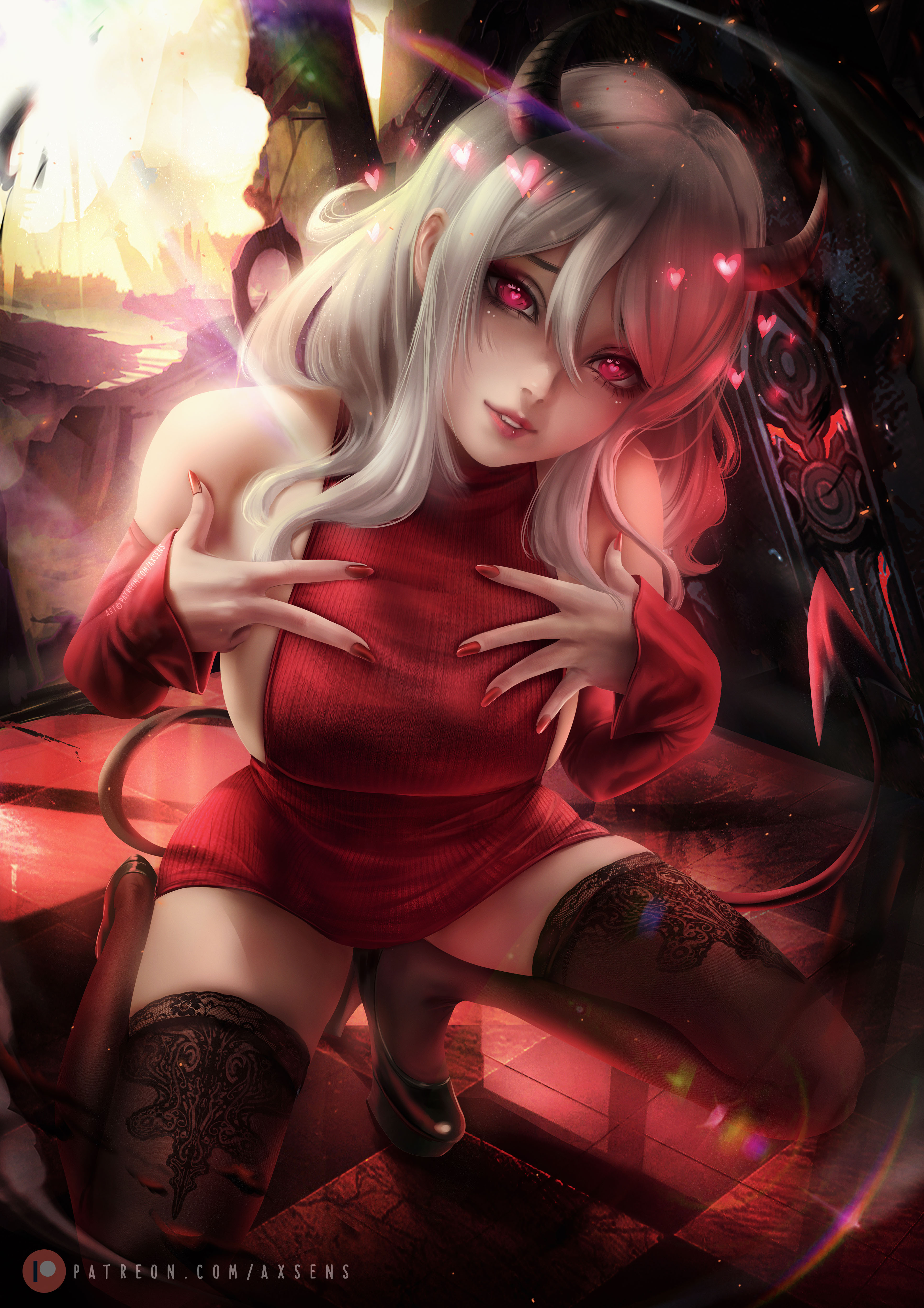 1girls, absurd res, axsens, breasts, clothed, clothing, cute, demon, demon girl, demon horns, demon tail, female, hands on own chest, heart, heart-shaped pupils, helltaker, high heels, highres, looking at viewer, modeus (helltaker), nail polish, nails, red eyes, red nails, sideboob, solo, solo female, squatting, stockings, straight hair, submissive, submissive female, sweater, virgin killer sweater, white hair