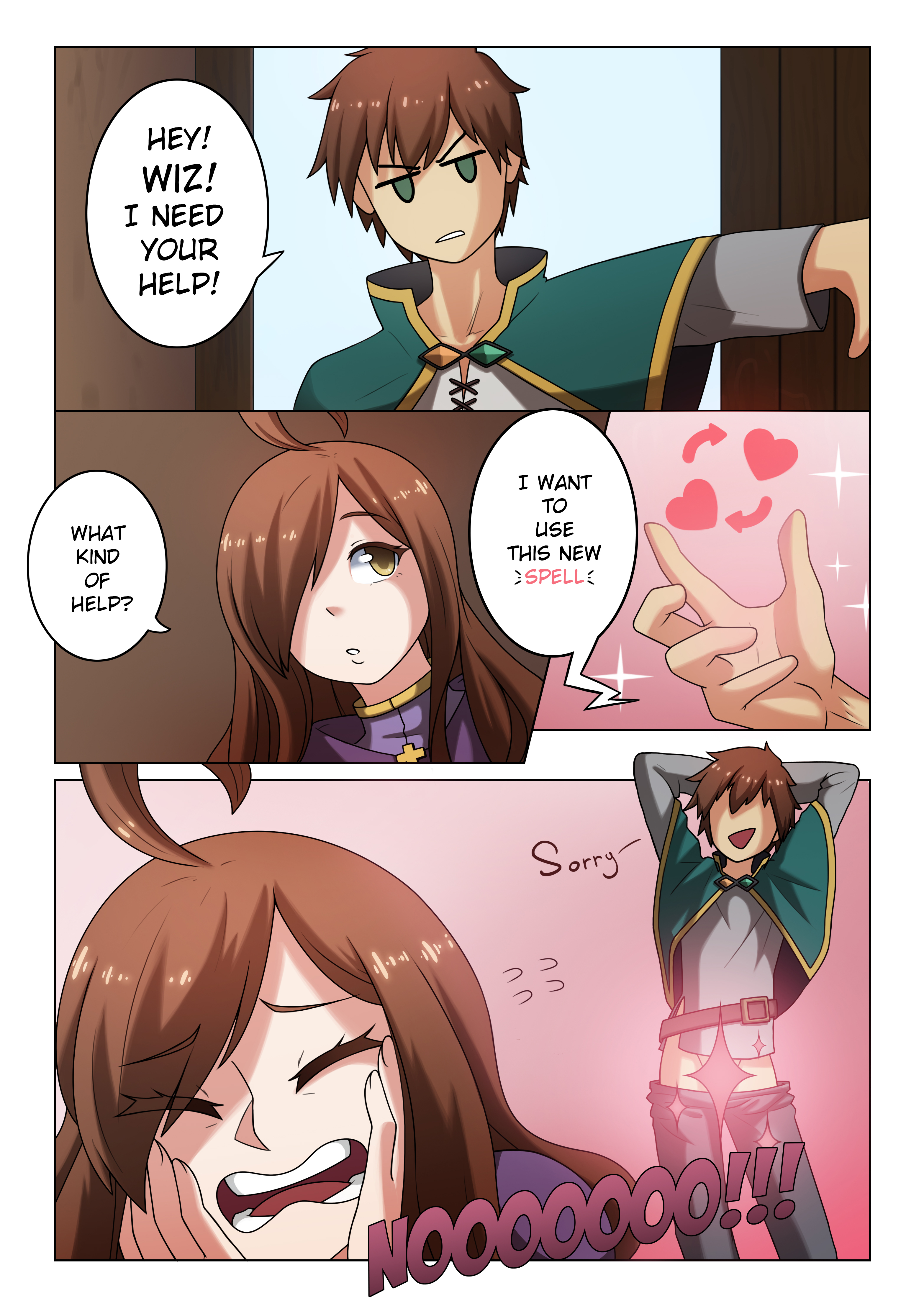 1boy, 1girls, body swap, comic, female, kono subarashii sekai ni shukufuku wo!, male, satou kazuma, tagme, tobias wheller, wiz (konosuba)