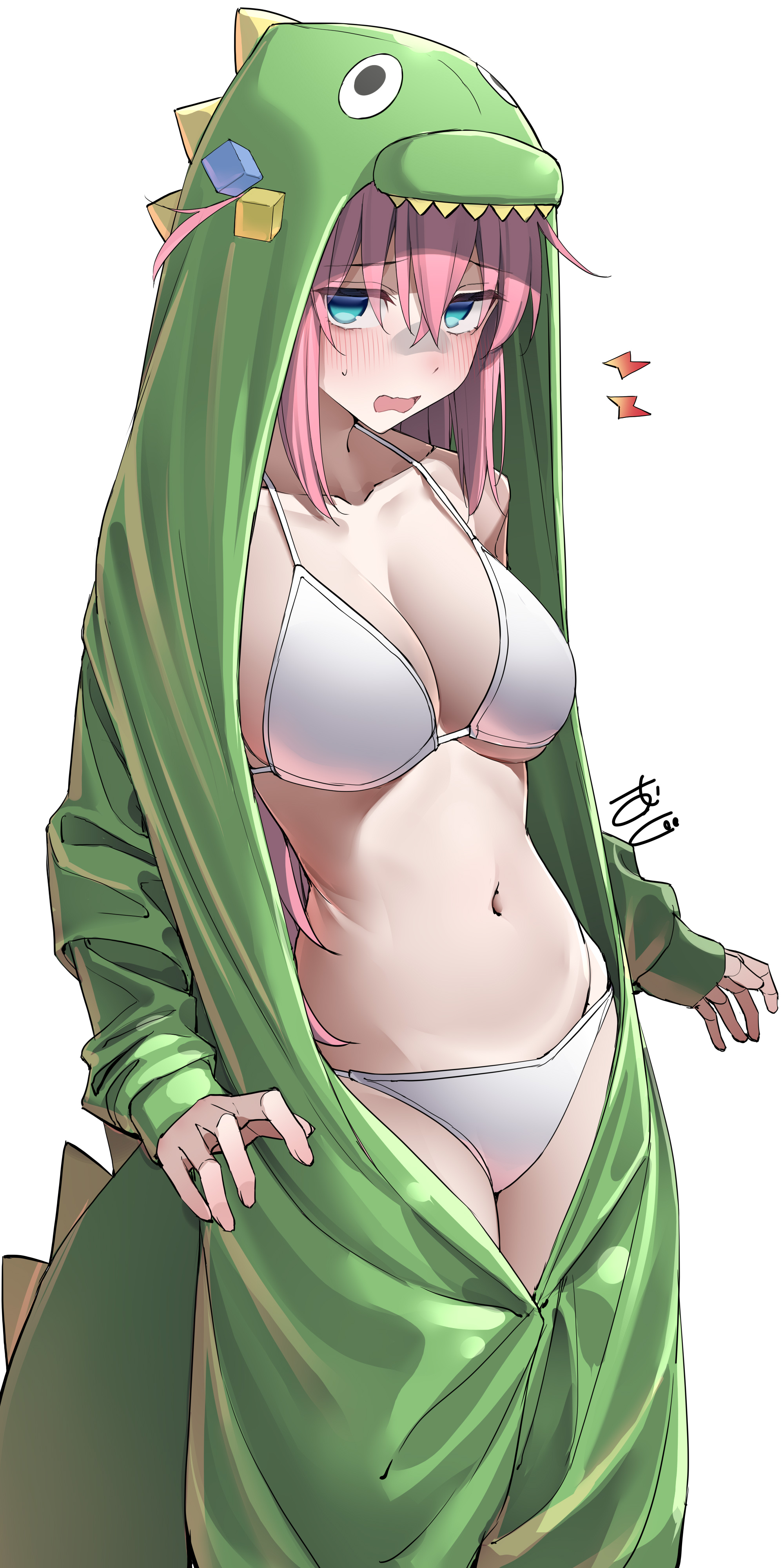 1girl, absurdres, bikini, blue eyes, blush, bocchi the rock!, breasts, cleavage, collarbone, cosplay, cube hair ornament, dinosaur costume, gotou hitori, hair ornament, highres, kawai ritsu (rits meg), kigurumi, large breasts, long hair, long sleeves, looking at viewer, navel, open kigurumi, open mouth, pink hair, simple background, solo, swimsuit, thighs, white background, white bikini