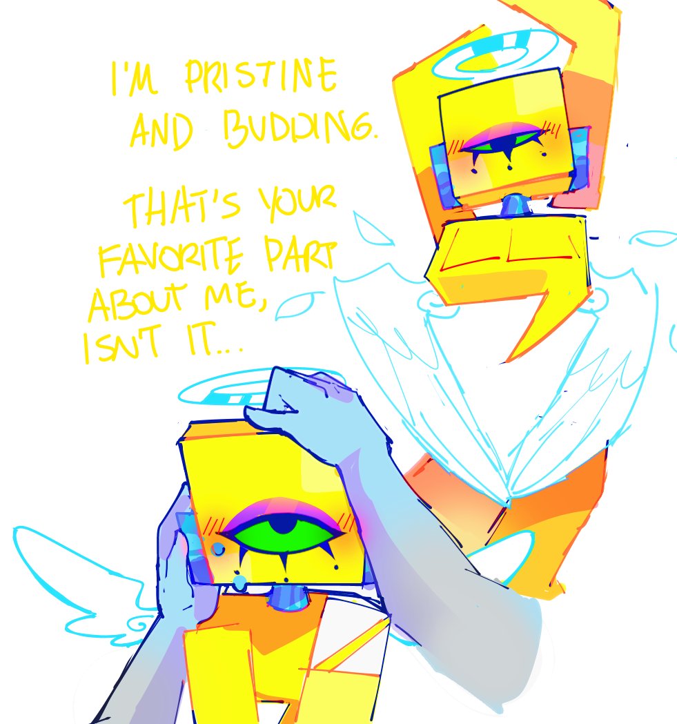 1girls, ambiguous gender, angel, angel halo, angel wings, basslapping, blushing, covering crotch, cyclops, dialogue, die of death, die of death (roblox), english text, eyeshadow, fuck me eyes, halo, hands on face, hands on head, harken (die of death), nervous, nervous sweat, no visible genitalia, non-human, presenting, roblox, roblox game, speaking to viewer, staring at viewer, sweat, talking to viewer, teasing, teasing viewer, tempting viewer, text, weird body