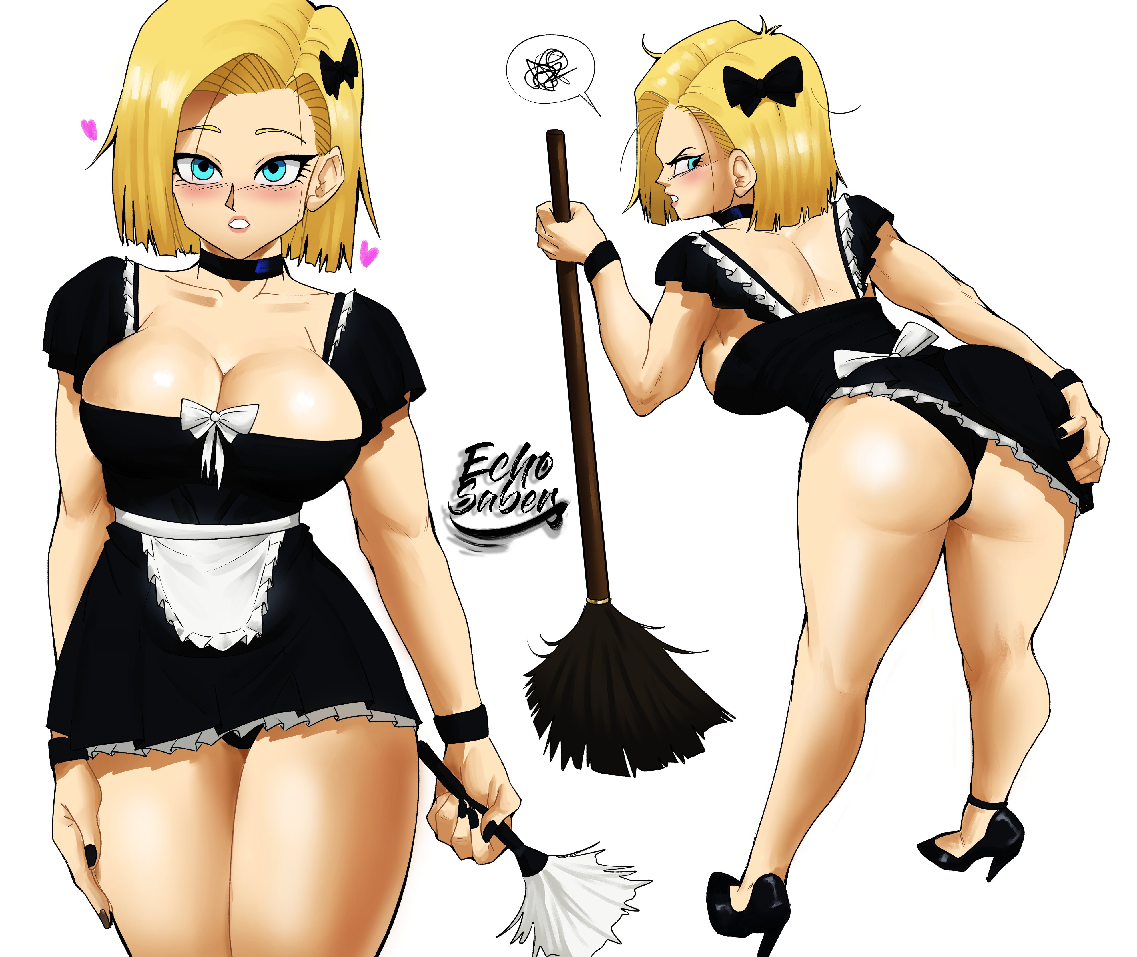 1girls, adjusting clothes, android 18, ass, bent over, big ass, big breasts, black high heels, black nails, blonde hair, blue eyes, blush, breasts, cleavage, dragon ball, dragon ball z, echosaber, eye contact, female, female only, front and back, fully clothed, high heels, large breasts, looking at viewer, maid, maid headdress, maid uniform, medium hair, nail polish, painted fingernails, painted nails, panties, revealing clothes, shounen jump, skimpy clothes, solo, thick thighs, thighs, trying to cover up, tugging clothing, uniform, white background