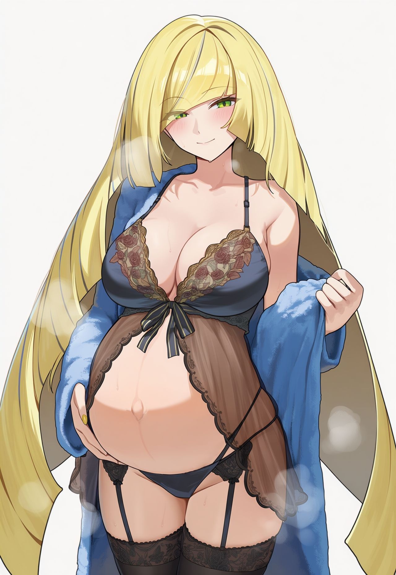 ai generated, blonde hair, circle ueponzu, green eyes, huge breasts, lingerie, looking at viewer, lusamine (pokemon), milf, pokemon, pregnant, pregnant belly, rubbing belly, sfw, solo female