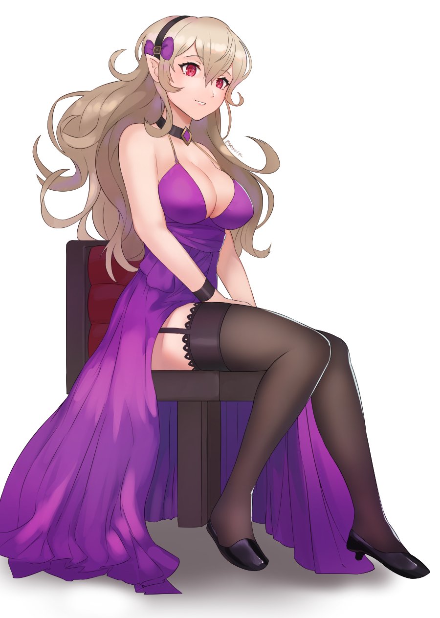 1girls, black hairband, breasts, chair, choker, cleavage, closed mouth, corrin (fire emblem), corrin (fire emblem) (female), dress, female, fire emblem, fire emblem fates, hairband, high heels, highres, long hair, nintendo, pointy ears, purple dress, red eyes, simple background, sitting, solo, solo female, spiffydc, white background, white hair