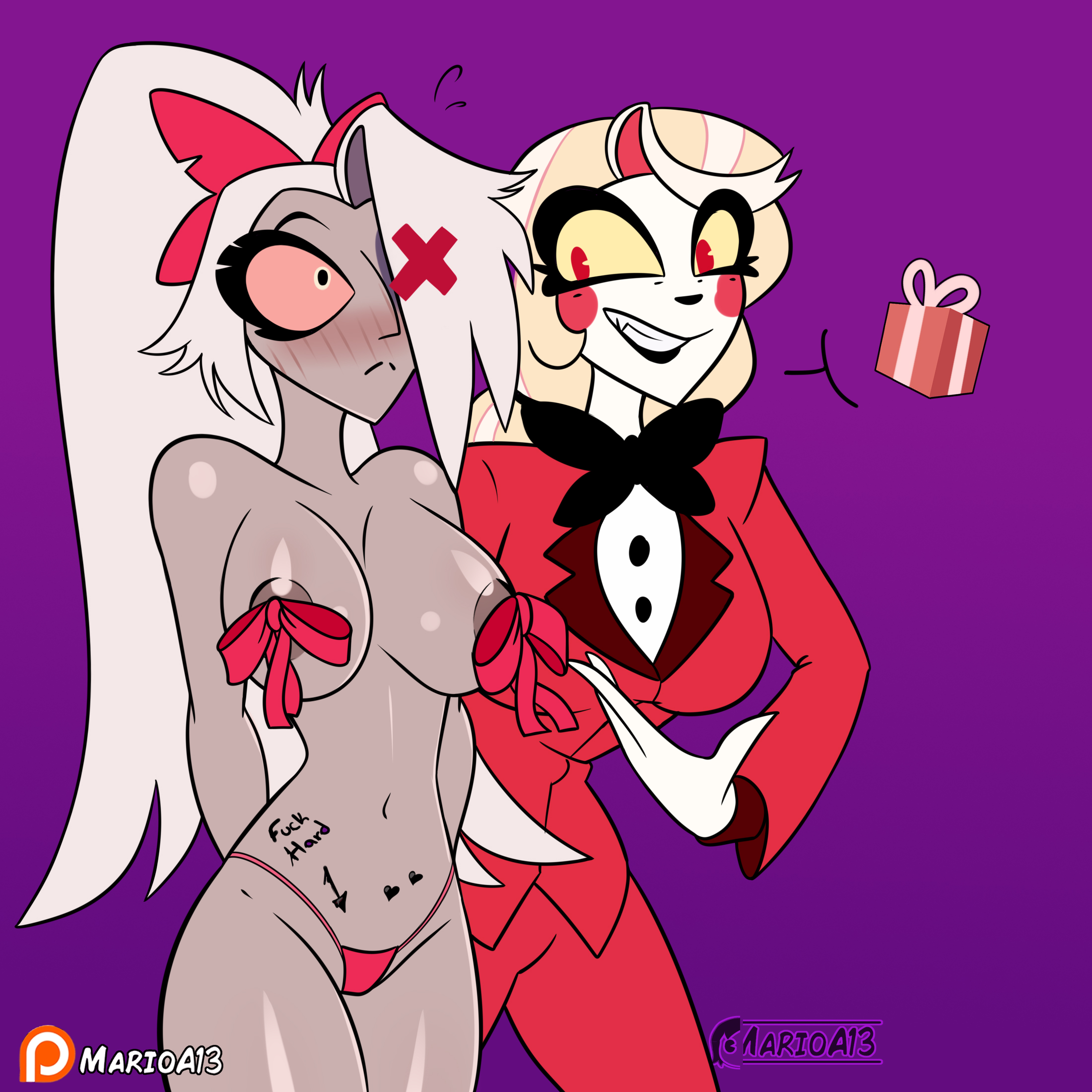 2girls, blush, charlie morningstar (hazbin hotel), cuckquean, female, female only, gift, grey body, grey hair, hazbin hotel, long hair, marioa13, patreon username, presenting another, presenting partner, ribbon, thong, vaggi (hazbin hotel), vaggie (hazbin hotel), yellow hair