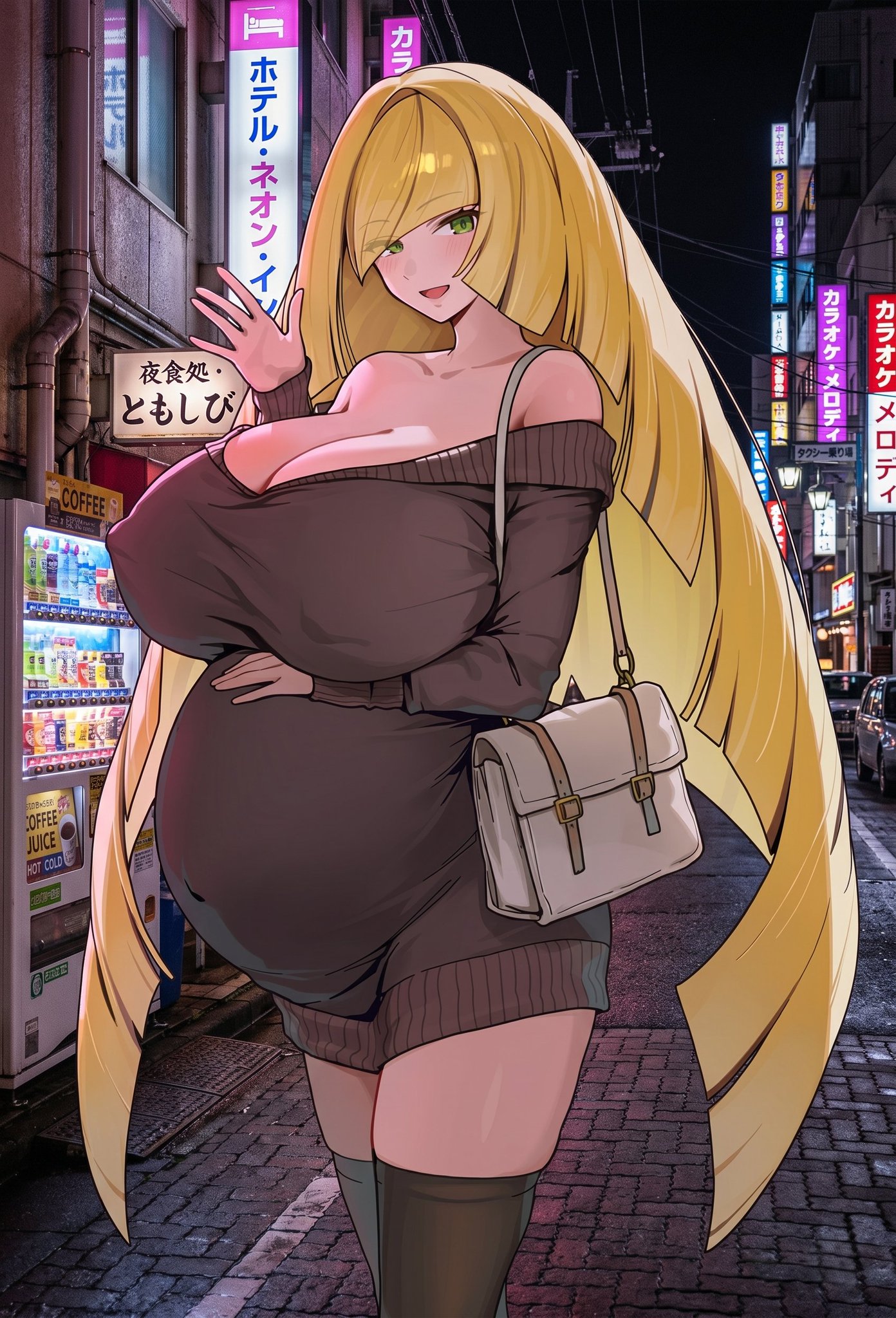 ai generated, blonde hair, circle ueponzu, green eyes, huge breasts, lusamine (pokemon), night, pokemon, pregnant, pregnant belly, pregnant female, public, sfw, solo female