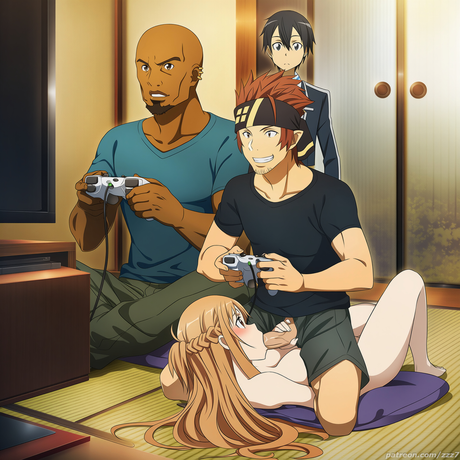 1girls, 3boys, agil, ai generated, asuna (sao), bald, bald male, between legs, blowjob, blush, boy on top, breasts, caught, caught cheating, caught in the act, cheating, clothed male nude female, cuckold, dark skin, dark-skinned male, fellatio, handjob, holding controller, indoor nudity, indoors, klein, light skin, light-skinned female, light-skinned male, lying, lying on back, lying on floor, netorare, ntr, on person, only one naked, penis grab, penis out, playing videogame, sitting, sliding doors, smirk, sucking, sword art online, tatami, walked in on, watermark, yuuki asuna, zzz7
