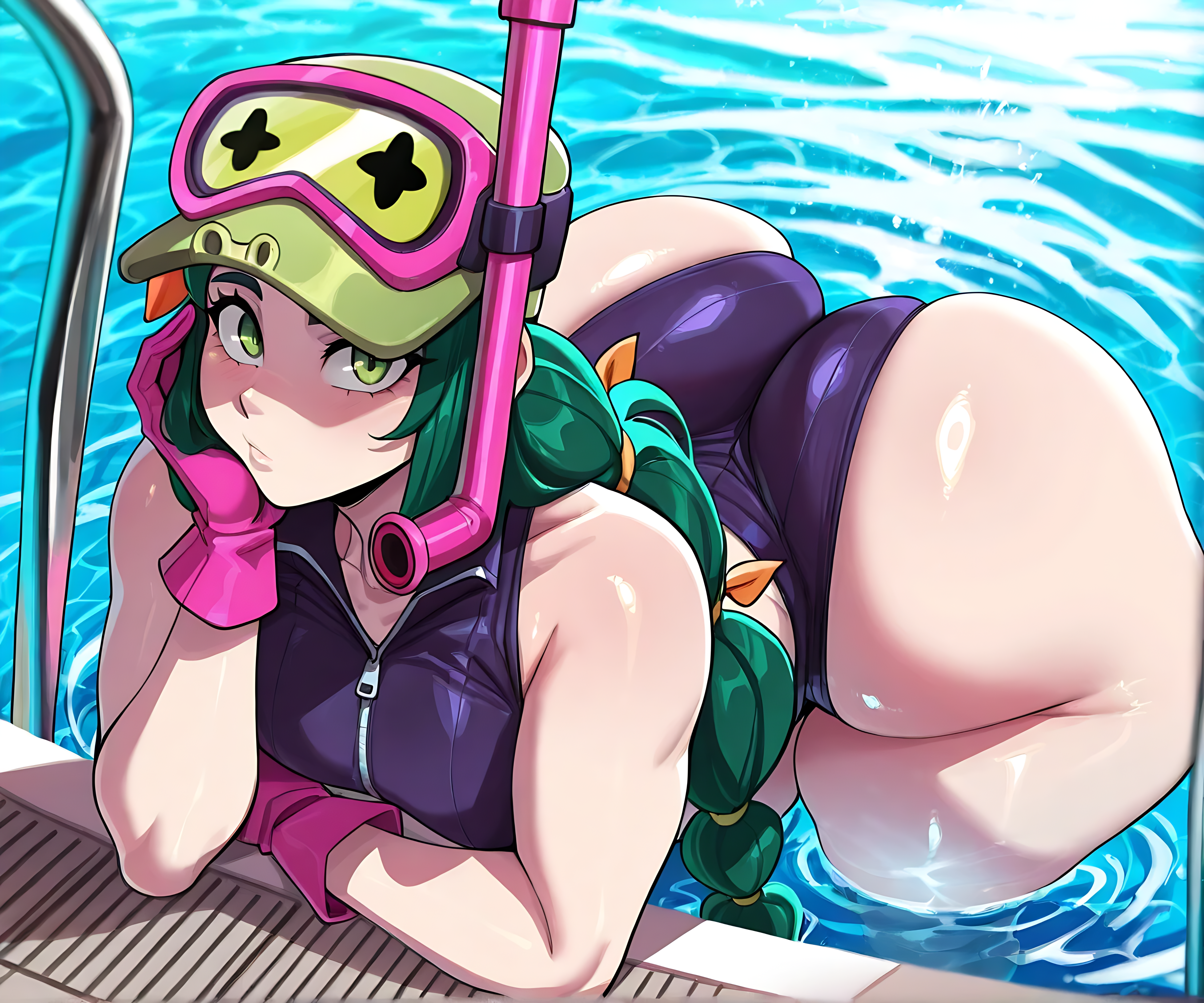1girl, 1girls, ai generated, alli (brawl stars), big ass, big ass (female), brawl stars, female, female focus, female only, gloves, green eyes, green hair, hat, looking at viewer, mrnails, pool, simple background, snorkel, solo, solo female, submerged, swimsuit, thick thighs, tied hair, water