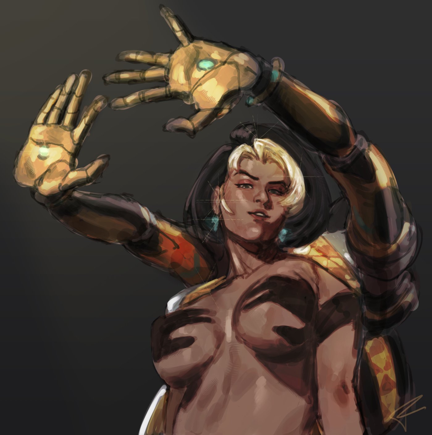 blizzard entertainment, domina, earrings, hands casting shadow, indian, jacket, jewelry, large breasts, overwatch, ristiko4, robot arms, shadow, solo