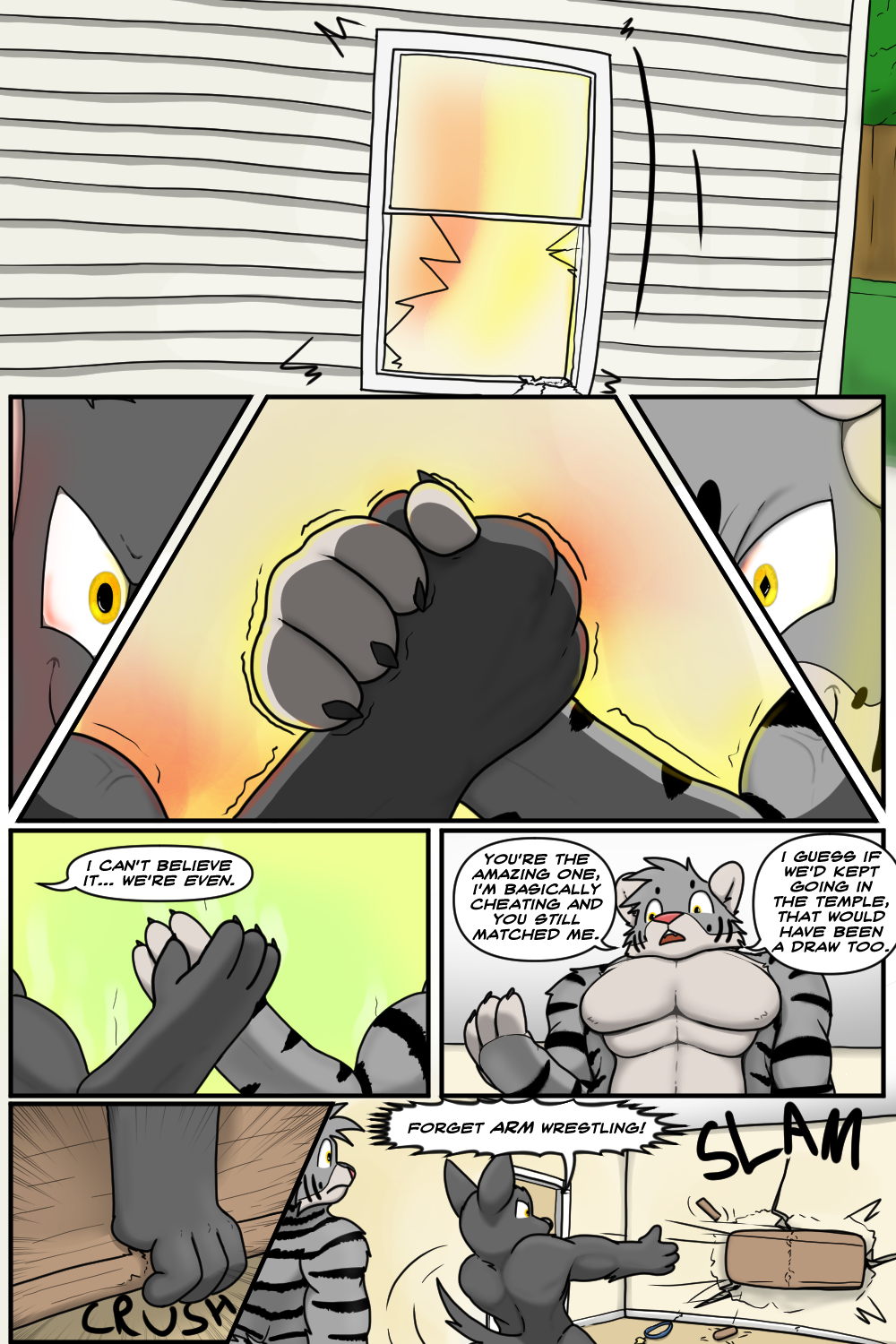 2:3 arm_wrestling aura canid canine canis comic dialogue domestic_dog english_text felid hi_res housepets! inside male male_only mammal mungo_(housepets!) muscular muscular_male pantherine property_damage res_(housepets!) text tiger trashbadger webcomic window