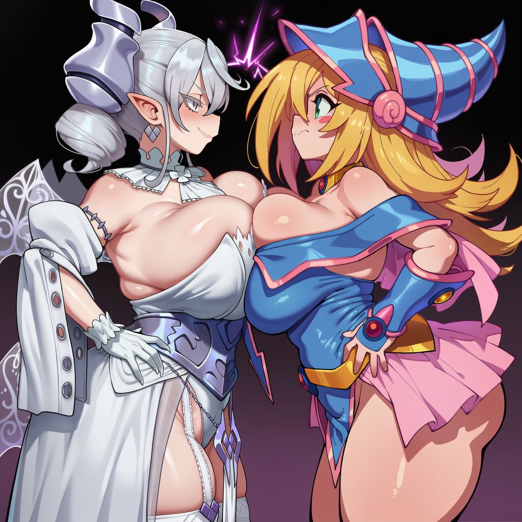:), >:), ai generated, akiman pose, angry, armored female, ass, blonde hair, blush, boobs, breast to breast, closed mouth, corset, crouching, crouching female, curvy, dark magician girl, demon, demon girl, demon horns, dress, duel monster, earrings, evil smile, female, female only, friends, fringe, gloves, green eyes, hand on hip, hi res, hips, konami, labrynth of the silver castle, legwear, light skin, lingerie, lovely labrynth of the silver castle, magician, magician hat, mochipawg, necklace, necktie, pointy ears, pressed against, pressing breasts, pressing breasts together, princess, queen, robe, side view, silver eyes, skirt, smile, standing, thick ass, thick thighs, thighs, twin drills, twintails, voluptuous, white dress, white hair, wide hips, younger female, yu-gi-oh!, yu-gi-oh! duel links, yu-gi-oh! duel monsters, yu-gi-oh! master duel
