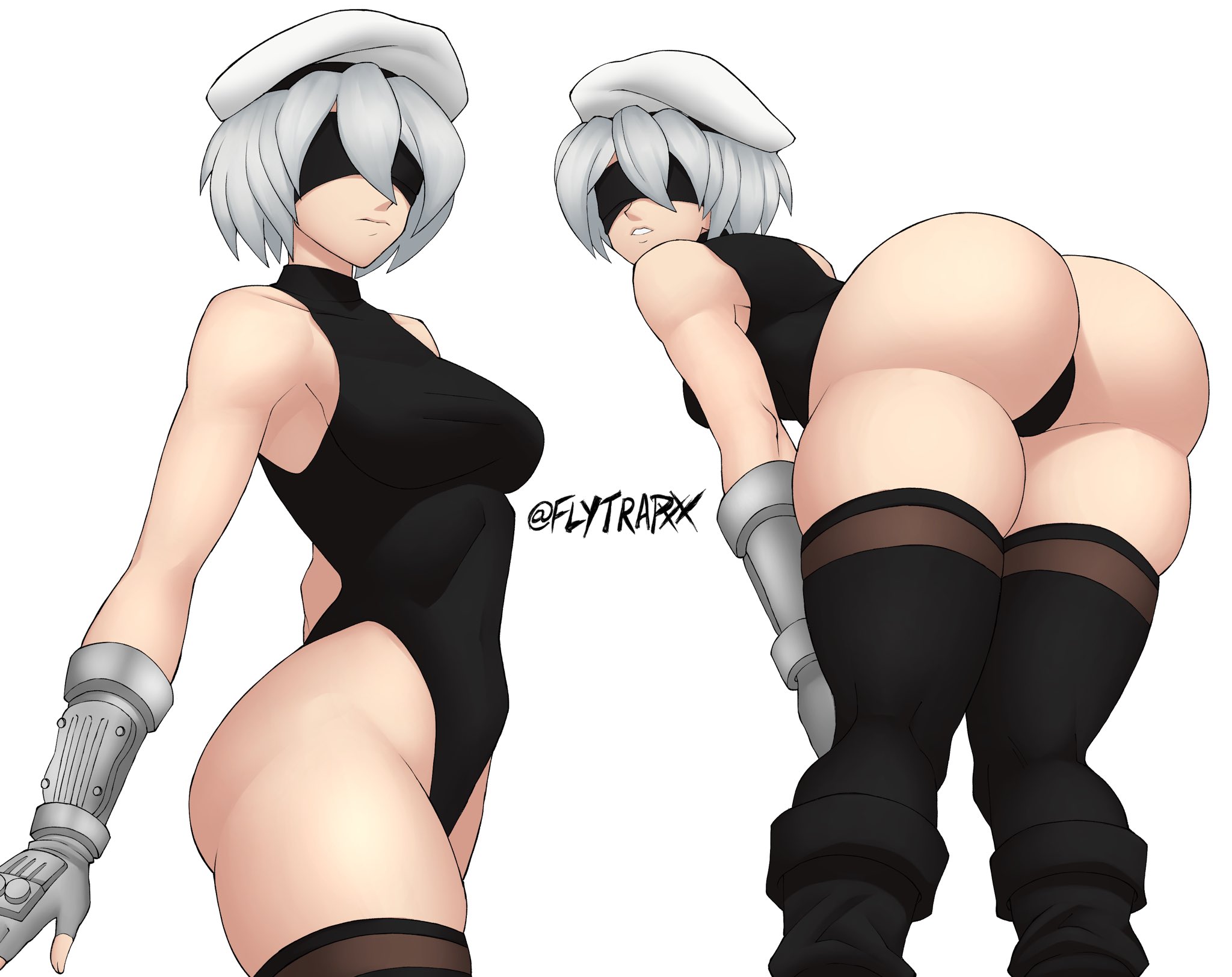 1girls, ass, ass focus, big ass, blindfold, female, female only, flytrapxx, front and back, gloves, grey hair, hat, high heel boots, large ass, leotard, nier (series), nier: automata, short hair, solo, thick ass, thick thighs, thighs, white background, yorha 2b
