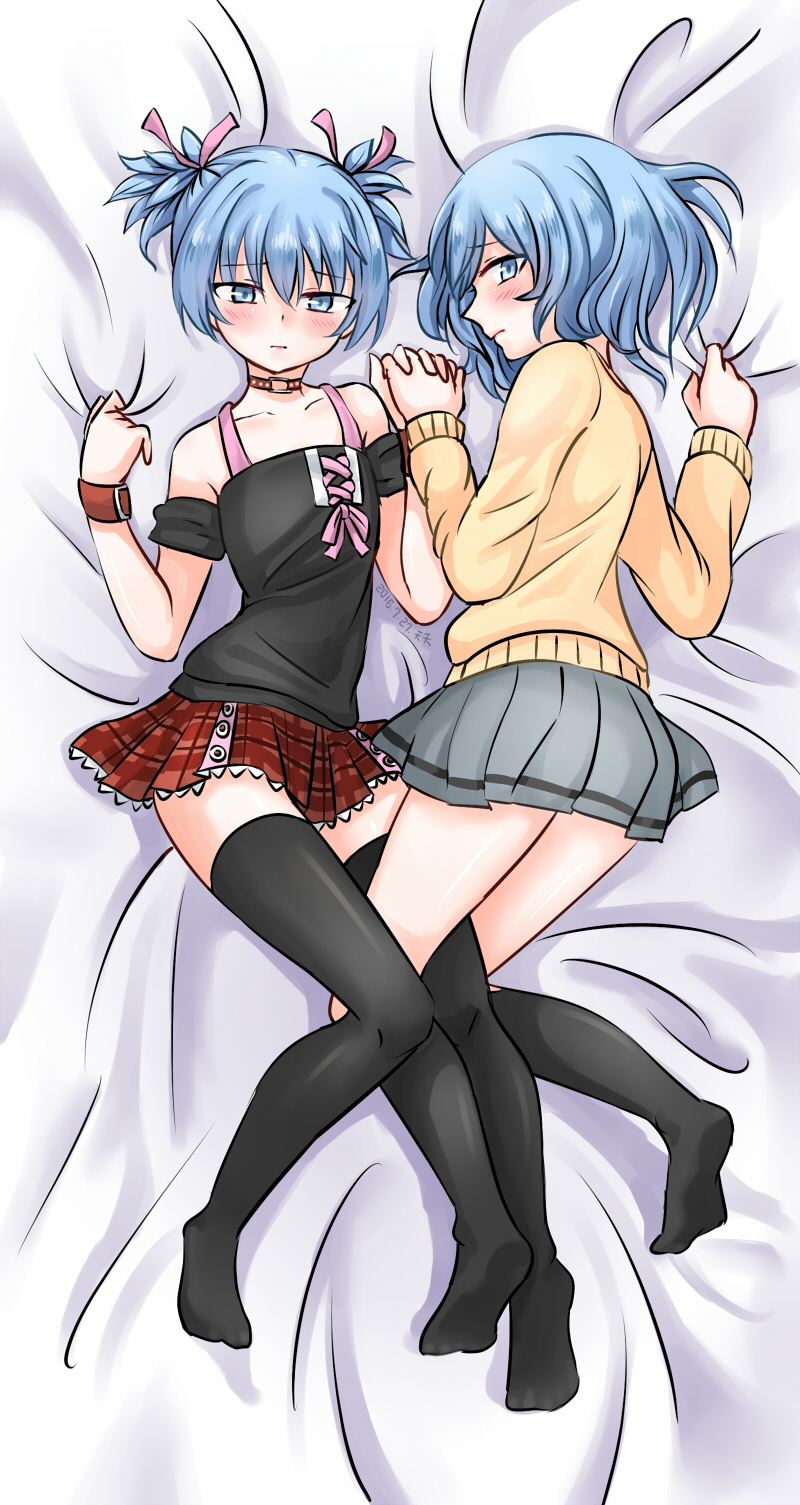 2boys arched_back assassination_classroom bare_shoulders bed blue_eyes blue_hair blush canon_crossdressing choker crossdressing cute embarrassed femboy gay girly holding_hands laying laying_on_bed legwear looking_at_viewer male_only pullover red_cheeks red_choker red_skirt red_wristband shiota_nagisa shounen_jump shy skirt socks tenten_(kitty) thick_thighs thigh_highs thighhighs thighs topwear trap wristband yaoi