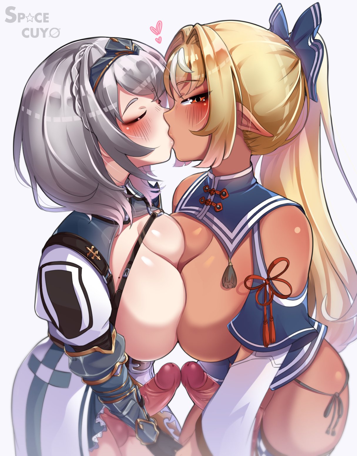 2futas big_balls big_breasts big_penis blonde_hair blush breast_press breasts closed_eyes clothed clothing dark-skinned_futanari dark_elf dark_skin duo elf functionally_nude futa_on_futa futa_only futanari hololive human human_only interracial kissing looking_at_viewer orange_eyes partially_clothed penis penises_touching ponytail shiranui_flare shirogane_noel short_hair simple_background space_cuyo symmetrical_docking virtual_youtuber white_hair