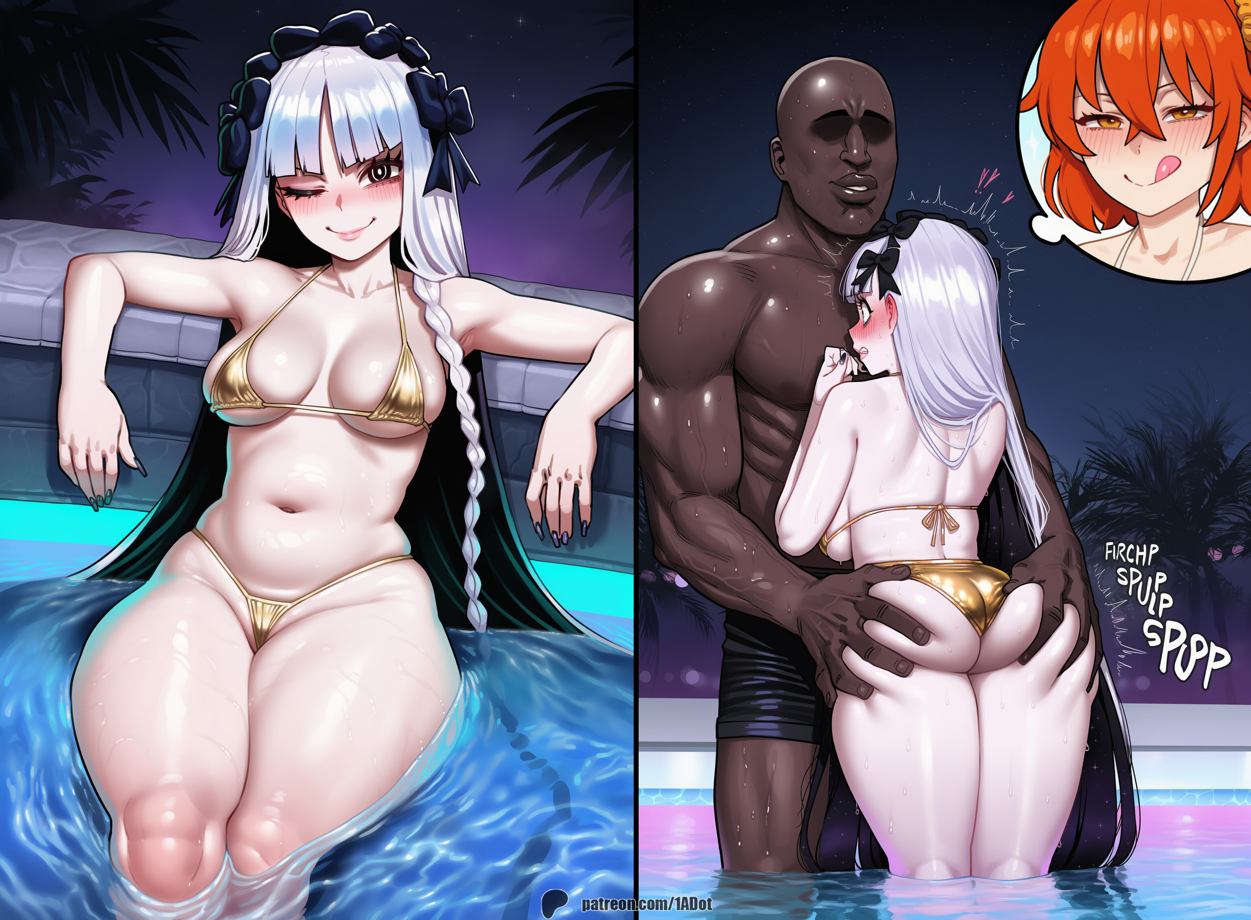 1-a dot, ai generated, black eyes, black ribbon, blush, dark-skinned male, fate (series), fate/grand order, fate/strange fake, forced partners, francesca prelati (fate), gold bikini, gudako, hair ribbon, imminent sex, licking lips, looking at viewer, master, medium breasts, multiple views, muscular male, nervous, night, orange eyes, orange hair, pale-skinned female, pool, watching, white hair