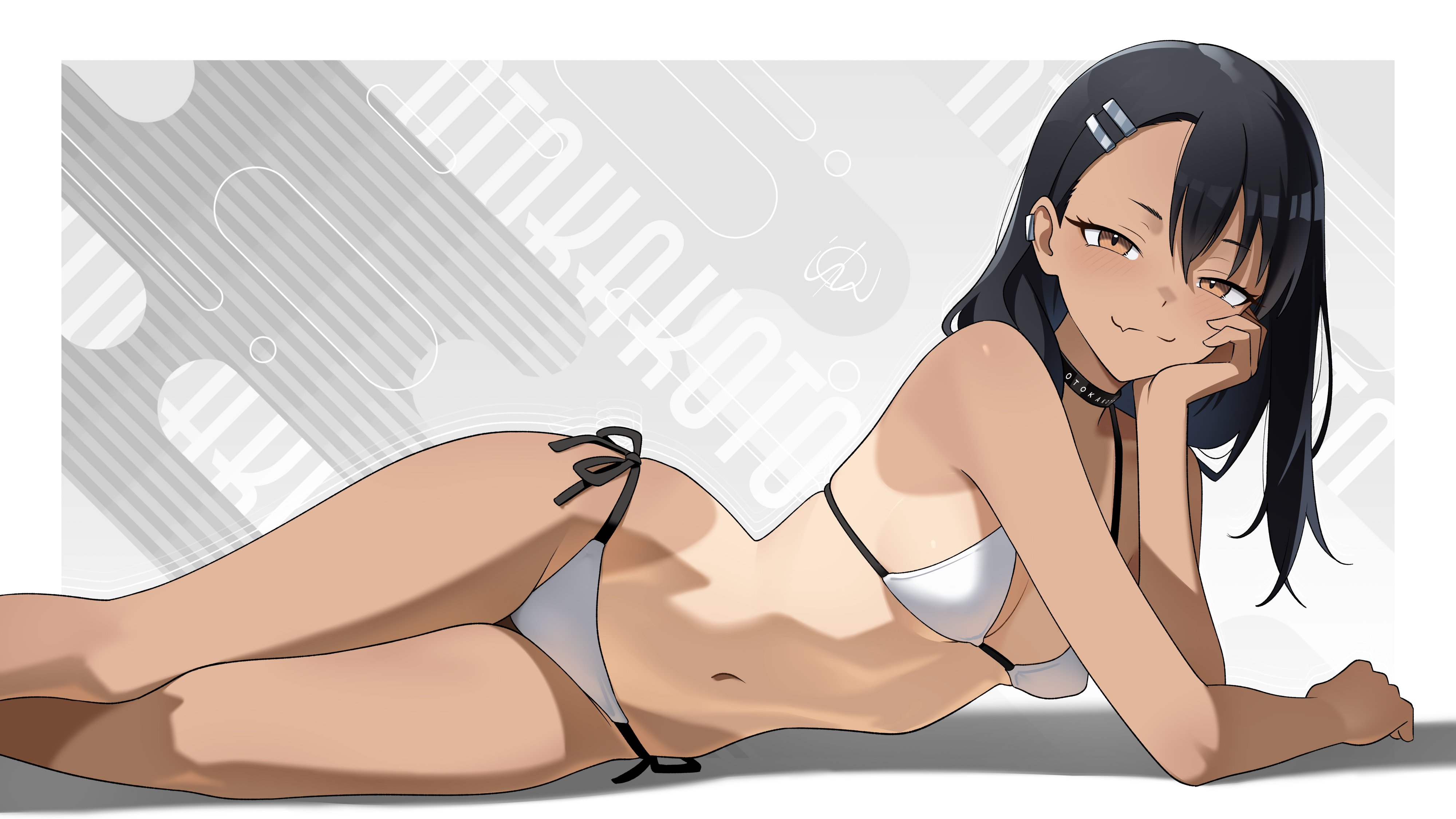 1girls, 2d, 2d (artwork), artist name, artist signature, belly, bikini, black hair, brown eyes, choker, closed mouth, ear clip, fang, feet out of frame, female, female only, flesh fang, hairclip, hayase nagatoro, head on hand, hi res, hourglass figure, human, knees, long hair, long legs, looking at viewer, lying, lying on side, navel, otokakoto, please don't bully me, nagatoro, pose, posing, seductive, seductive body, seductive eyes, seductive gaze, seductive look, seductive pose, seductive smile, shadow, simple background, slender body, slender legs, small breasts, smile, smirk, smirking, smirking at viewer, solo, straight hair, swimsuit, tanline, tanlines, teasing, thighs, tummy, white bikini, wide hips