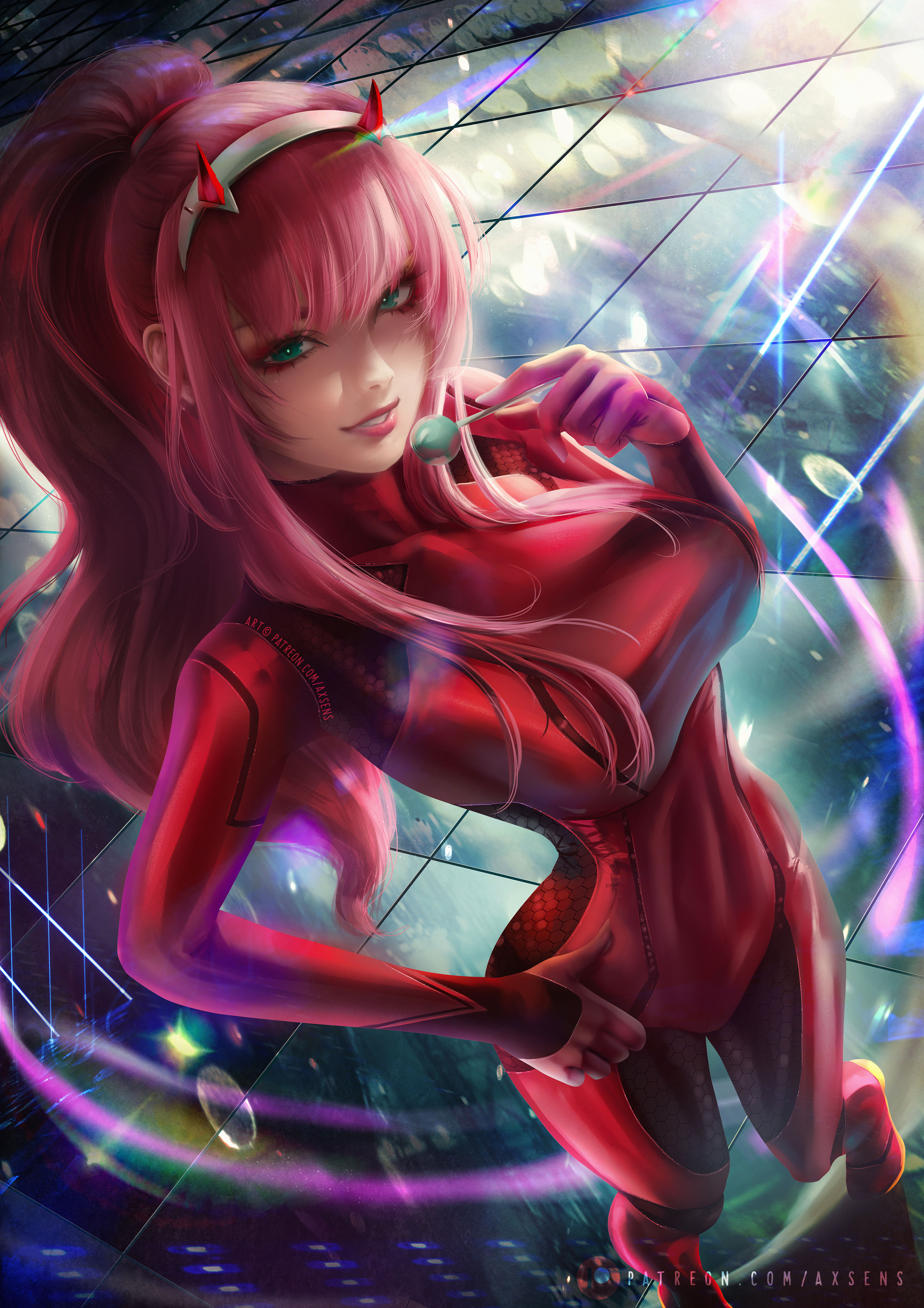 1girls, axsens, big breasts, breasts, busty, clothed, clothing, crossover, darling in the franxx, female, food, green eyes, hand on hip, holding lollipop, lollipop, long hair, looking at viewer, metroid, nintendo, pink hair, ponytail, samus aran (cosplay), solo, solo female, space, standing, tight clothing, toned, toned female, zero suit, zero two (darling in the franxx)