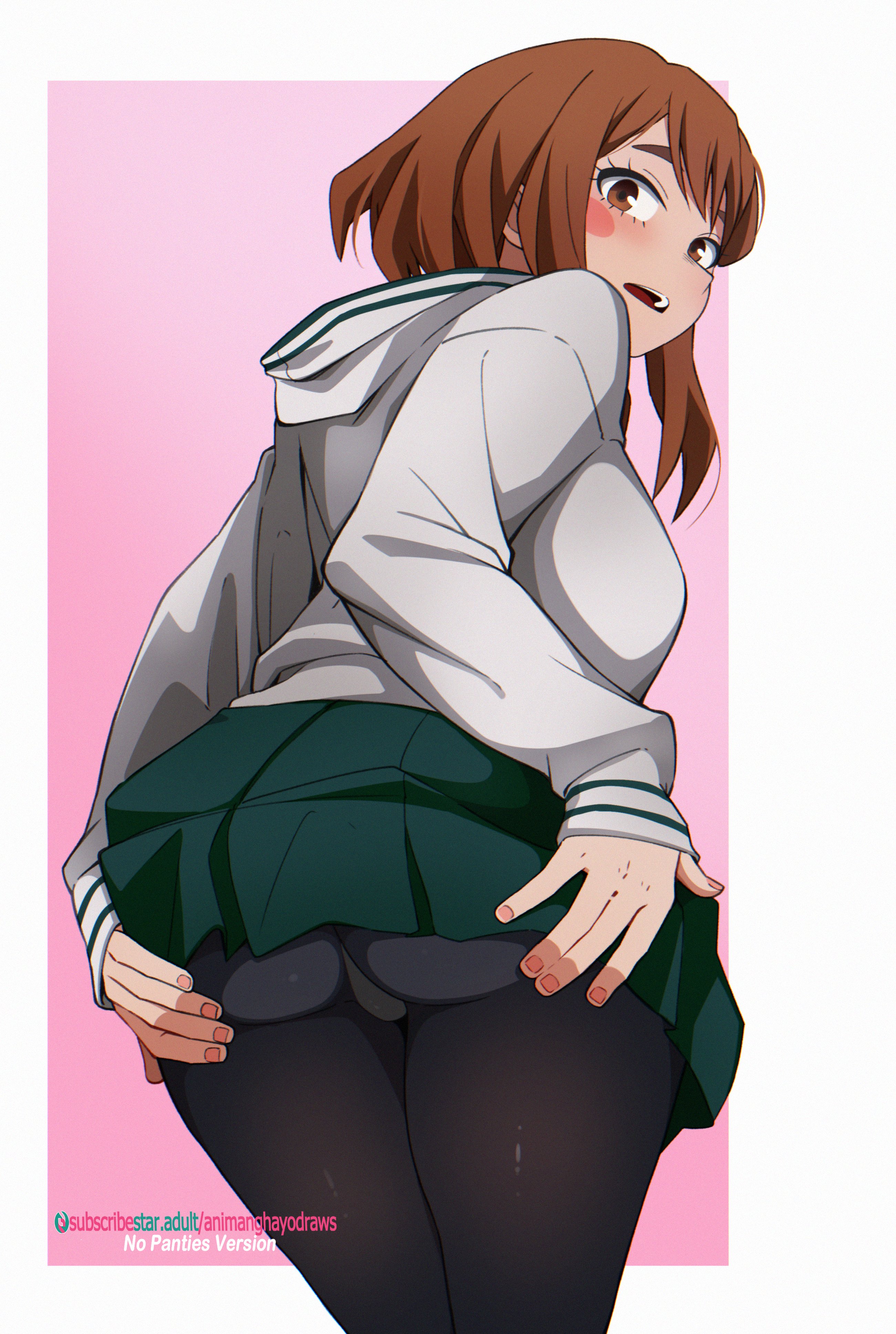 1girl, absurdres, animanghayo, artist name, ass, ass focus, black pantyhose, blush, blush stickers, boku no hero academia, border, brown hair, clip studio paint (medium), commentary, cowboy shot, from behind, green skirt, grey jacket, hands on own ass, highres, hood, hood down, hooded jacket, jacket, looking at viewer, looking back, my hero academia, ochako uraraka, outside border, paid reward available, panties, panties under pantyhose, pantyhose, parted lips, pink background, pleated skirt, school uniform, simple background, skirt, solo, standing, subscribestar username, teenager, thighs, u.a. school uniform, underwear, uraraka ochaco, web address, white border
