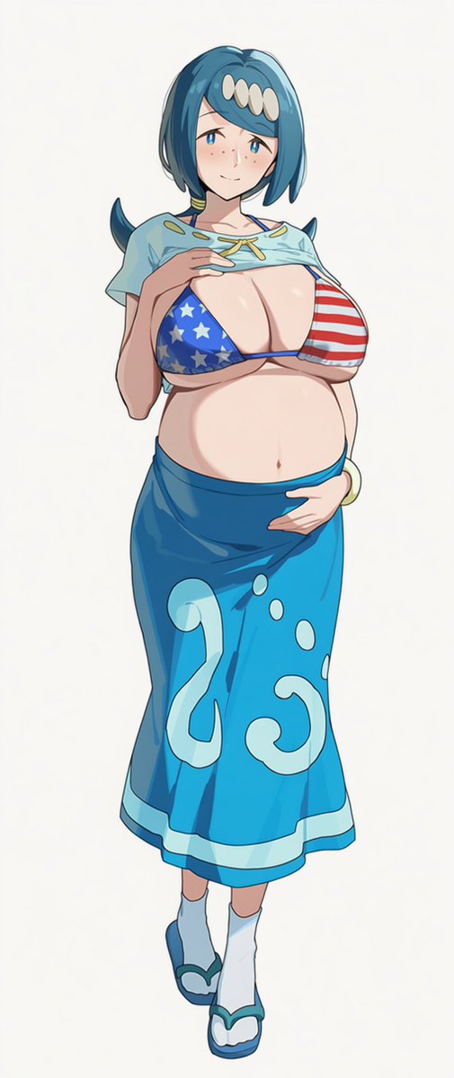 ai generated, american flag bikini, blue eyes, blue hair, circle ueponzu, cleavage, freckles, hand on belly, huge breasts, lana's mother (pokemon), lifting shirt, looking at viewer, milf, pokemon, pregnant, pregnant belly, sfw