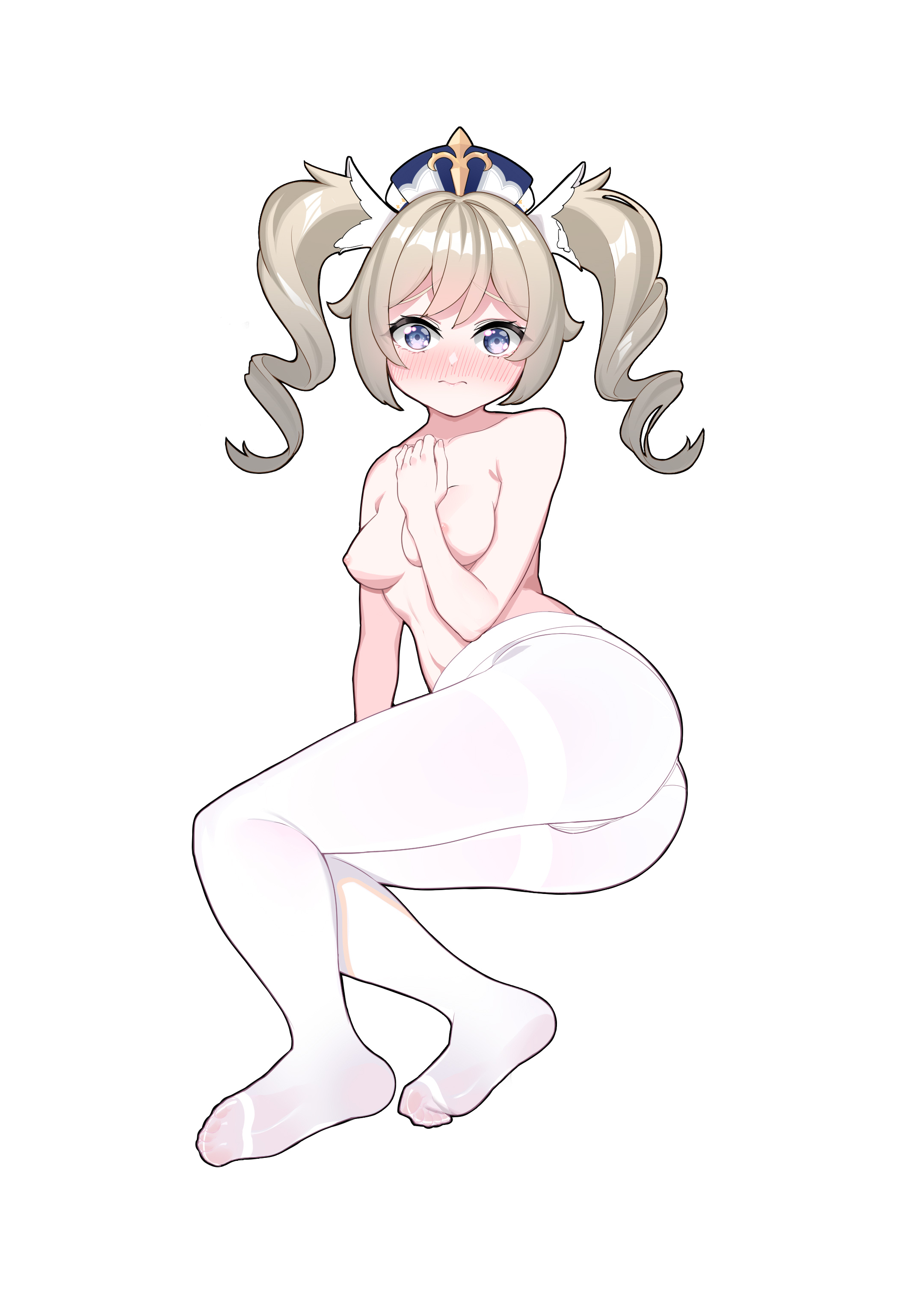 1girls, artist request, ass, barbara (genshin impact), blonde hair, blue eyes, blush, breasts, cute, eyelashes, feet, female, fringe, genshin impact, hi res, light skin, looking at viewer, nipples, nun, on side, pale skin, pantyhose, petite, shy, slim, solo, teenager, toes, topless, twintails, wavy mouth, white legwear, worried