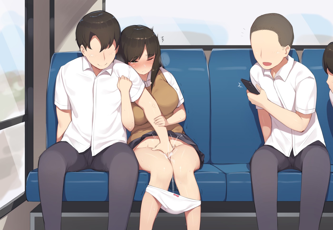 1girls, 3boys, blushing, embarrassed, female, fingering partner, fingering pussy, male, multiple boys, multiple males, phone, public, pussy, recording, school uniform, skirt, smiling