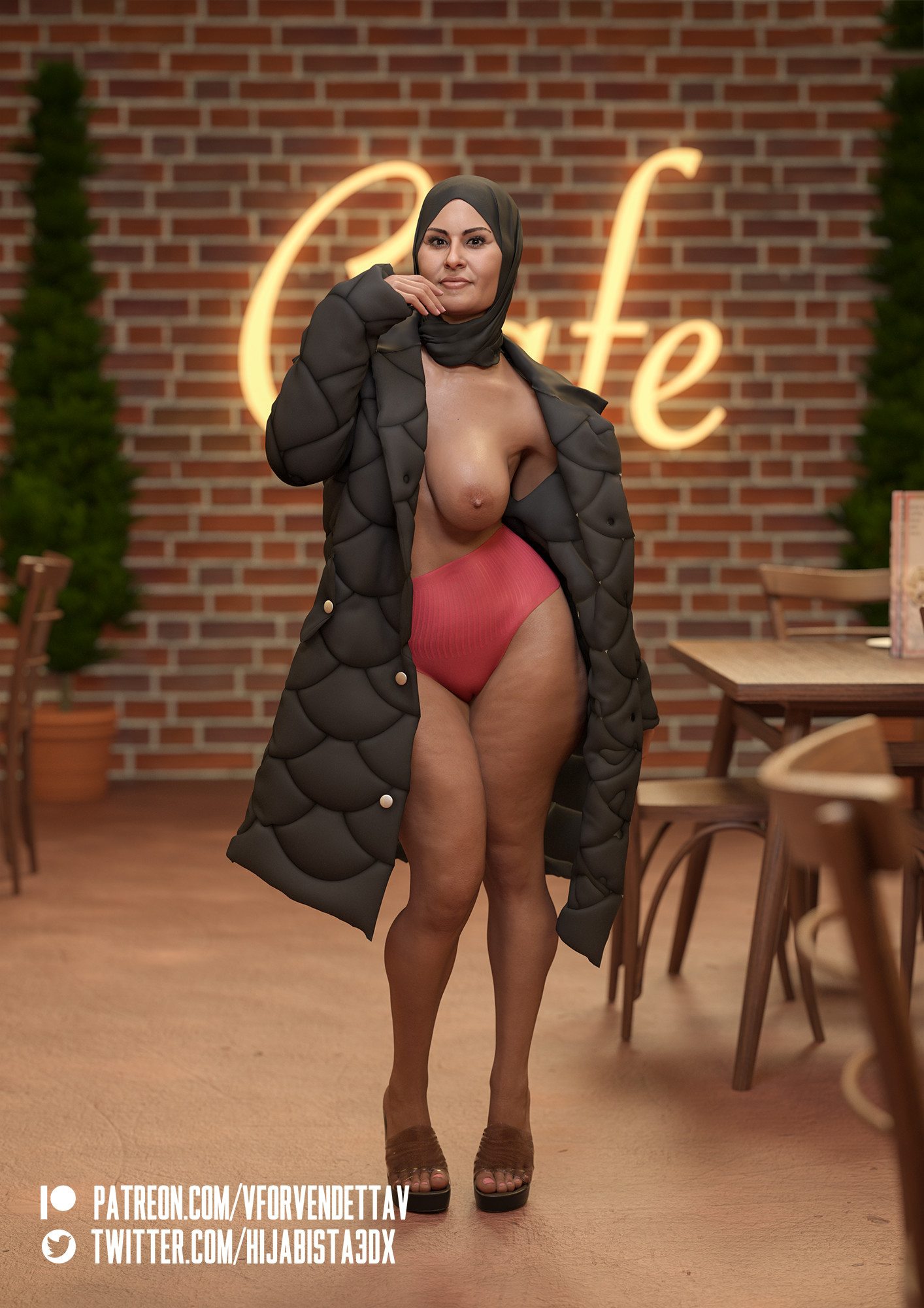 1girls, 3d, 3dx, arab female, arabian, blender, cafe, cellulite, daz studio, female, high resolution, highres, hijab, influencer, jacket, lingerie, makeup, milf, muslim, nail polish, nipples, open clothes, original, original character, panties, revealing clothes, sandals, tanned, tanned skin, toenail polish, vforvendettav