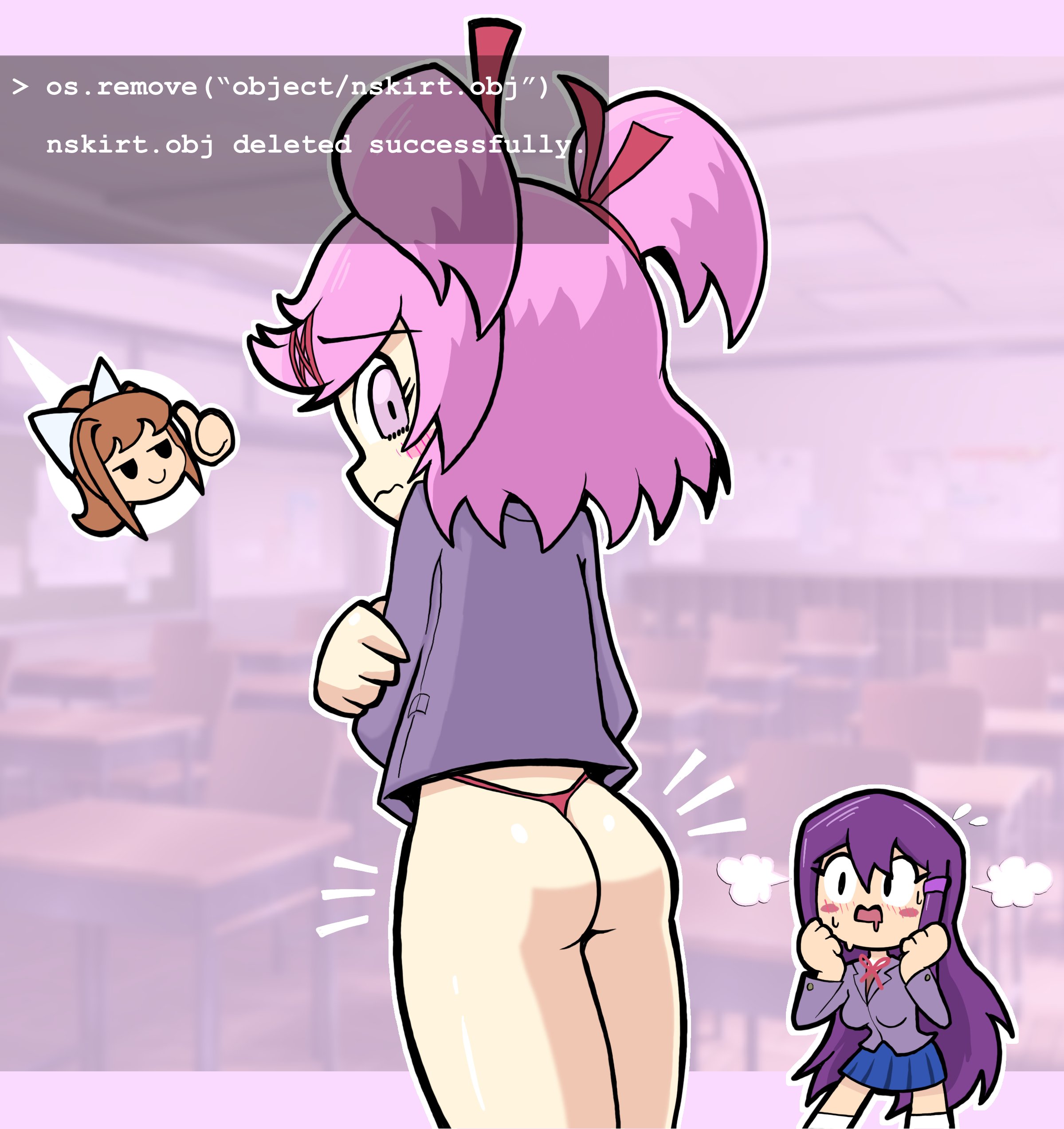 ass, ass focus, doki doki literature club, embarrassed, euf, female, female only, lost clothes, monika (doki doki literature club), natsuki (doki doki literature club), pink hair, reality warping, solo focus, squogs, thong, yuri (doki doki literature club)