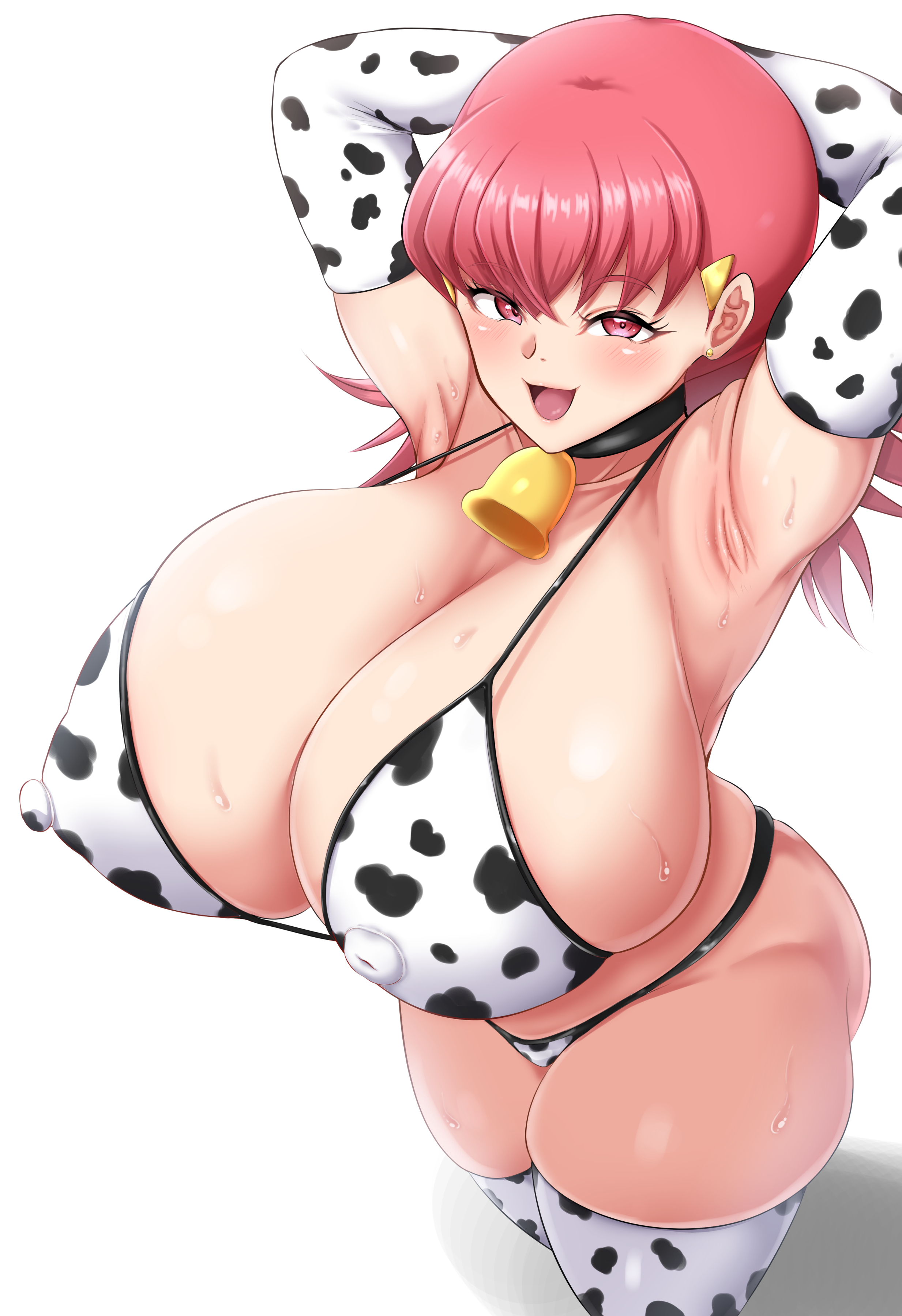 1girls, 2000mitrasi, areolae, armpits, arms up, blush, breasts, cow bikini, cow print, cowbell, eye contact, female, gigantic breasts, gloves, huge thighs, looking at viewer, medium hair, nintendo, nipple bulge, pink eyes, pink hair, pokemon, pokemon gsc, sweat, thick thighs, thigh gap, thighhighs, thighs, thong, twintails, voluptuous, white background, whitney (pokemon), wide hips