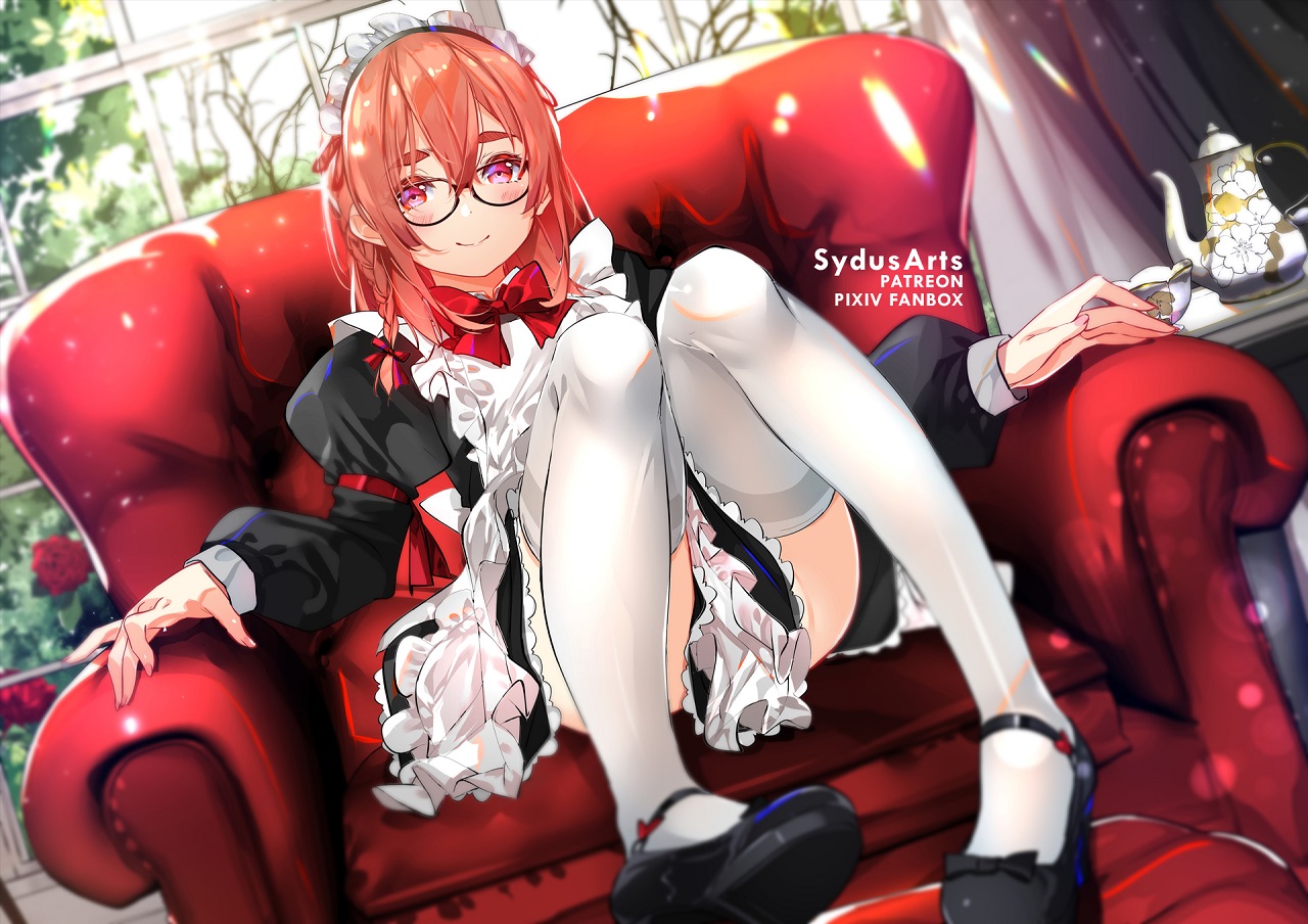 apron, armchair, artist name, bangs, black footwear, black-framed eyewear, blurry, blurry background, blush, bow, braid, breasts, chair, closed mouth, cup, depth of field, dress, female, frilled dress, frills, hair between eyes, indoors, juliet sleeves, kanojo okarishimasu, knees up, long hair, long sleeves, looking at viewer, maid, maid apron, maid headdress, mary janes, megane, puffy sleeves, red bow, sakurasawa sumi, shoes, sitting, smile, solo, striped, sydus, teacup, thighhighs, tied hair, white apron, white legwear, window