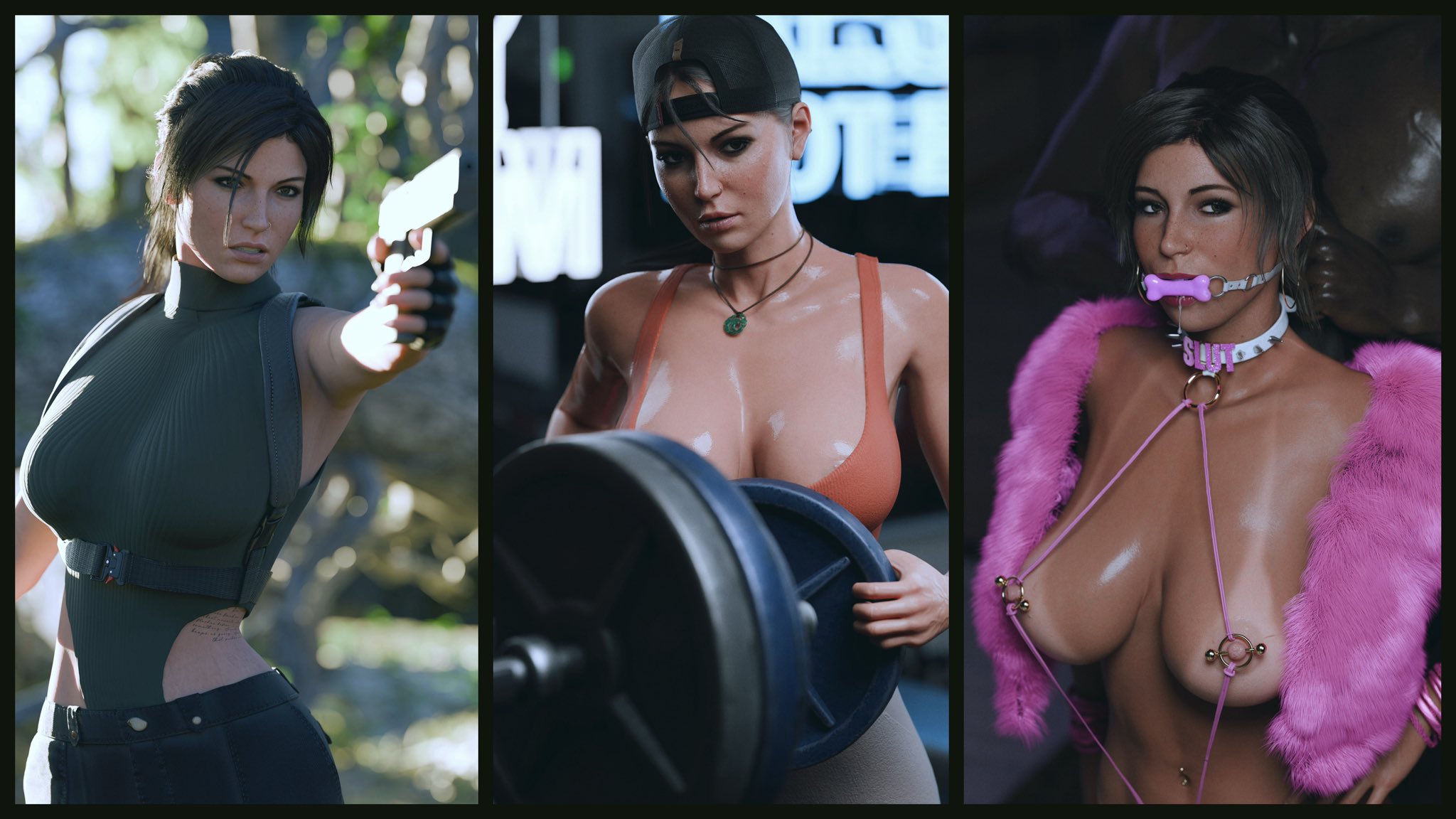 1boy, 3d, aiming gun, aiming weapon, areolae, backwards hat, before and after, benjibonjo, bikini tanline, bimbo, bimbofication, bone gag, bra tanline, bracelet, busty, dark-skinned male, drooling, exercise, exercise clothing, eyeliner, female, female focus, gag, gagged female, gun, gun holster, handgun, holding gun, hoop earrings, lara croft, lara croft (survivor), leotard, linked nipples, lipstick, looking at viewer, makeup, mascara, necklace, nipple rings, pierced nipples, pointing gun, ponytail, putting on gag, slut collar, spiked collar, sweaty, tagme, tan body, tan skin, tanline, tattoo, tattoo on side, tomb raider, tomb raider (survivor)