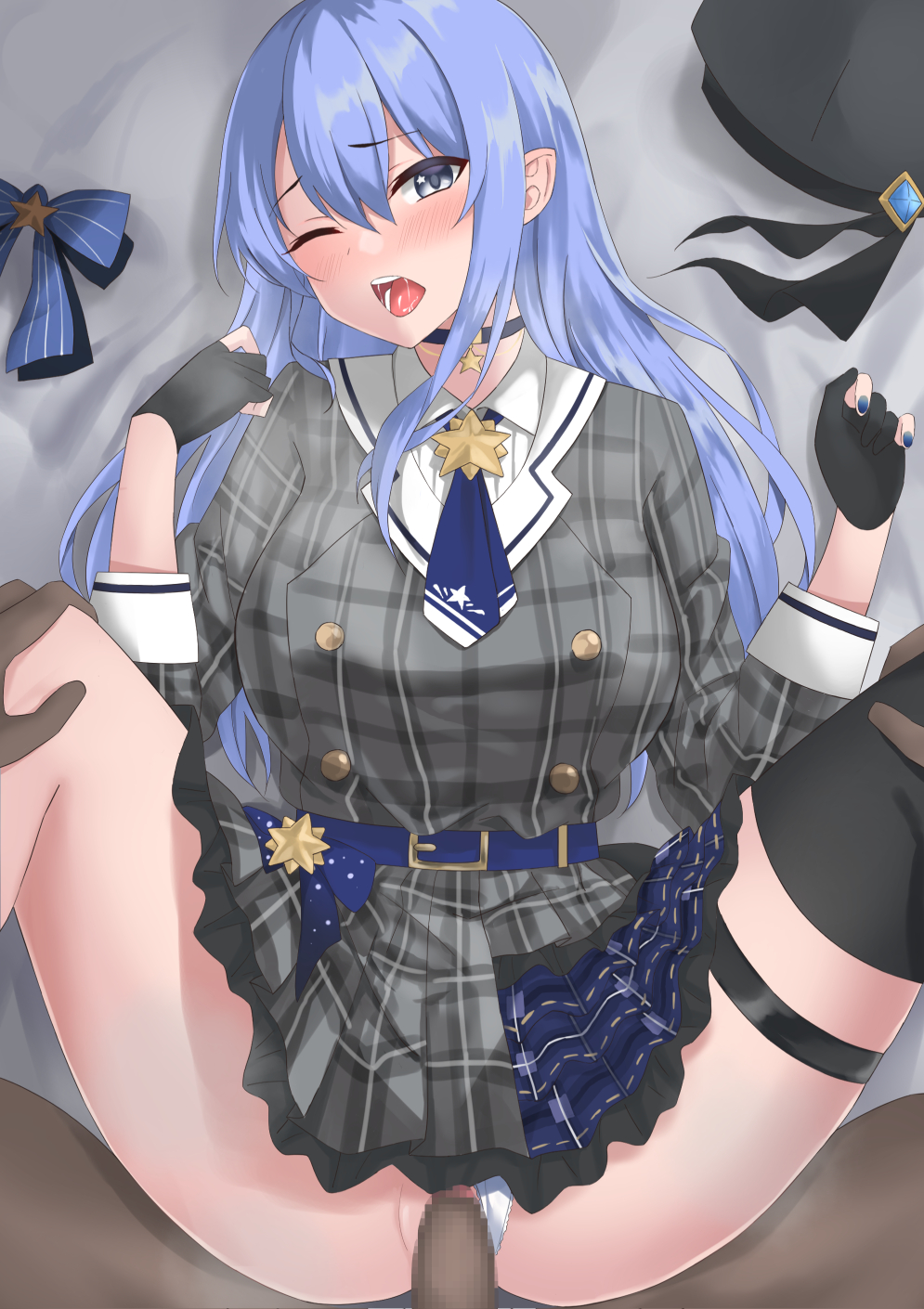 1boy, 1girls, beret, blue eyes, blue hair, censored, clothed sex, dark skin, dark-skinned male, female, gloves, hat removed, hololive, hololive gen 0, hololive japan, hoshimachi suisei, interracial, light skin, light-skinned female, male, mosaic censoring, one eye closed, open mouth, panties, panties aside, penis, pov, pussy, sex, single thighhigh, sozoremi (zoreminbaster/そぞれみ), straight, thighhighs, vaginal penetration, virtual youtuber