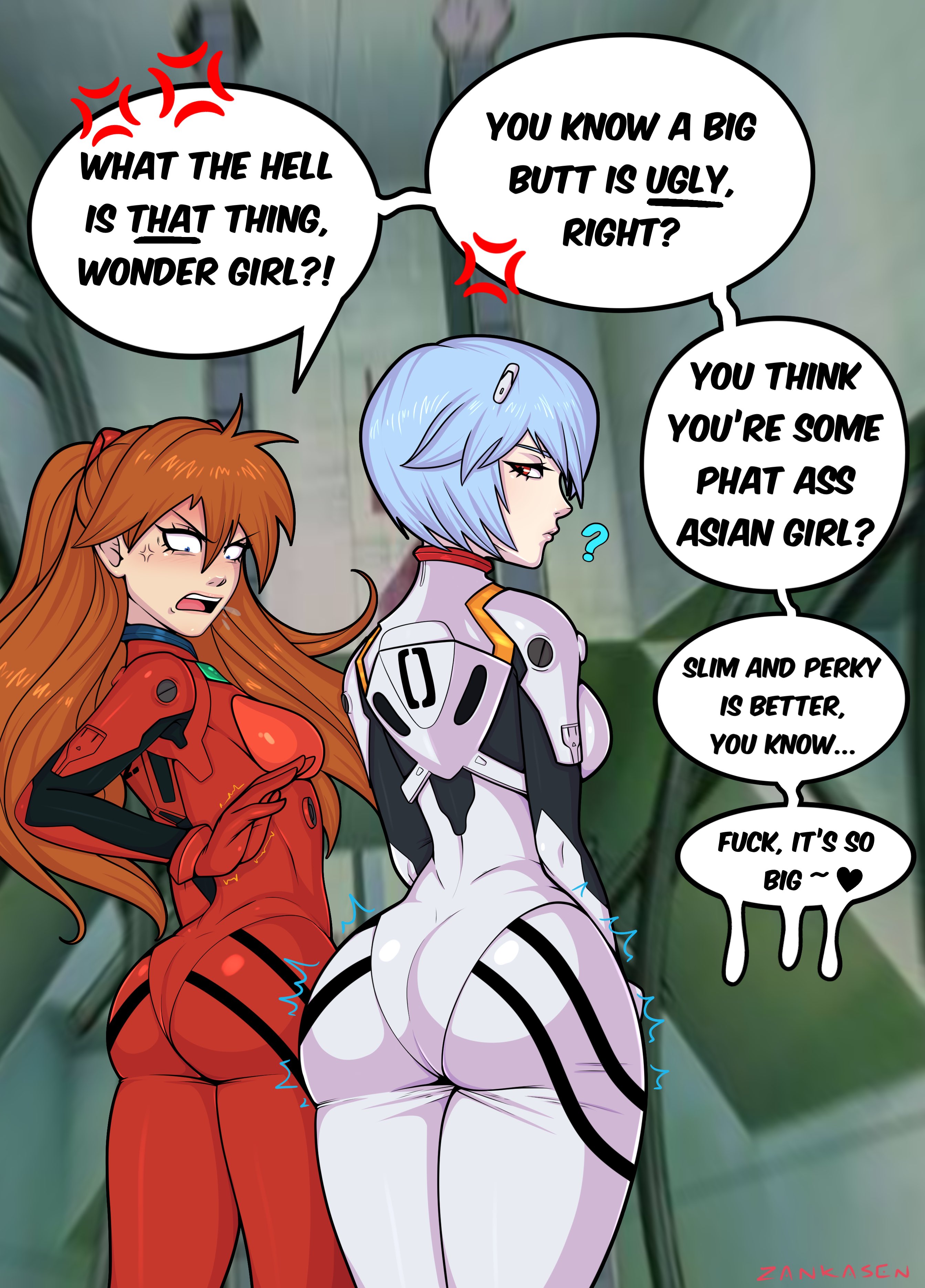 2girls, angry, ass, ass focus, ass size difference, ass size talk, asuka langley sohryu, big ass, big ass humiliation, blue hair, bottom heavy, breasts, clothed, clothing, dialogue, duo, envy, female, female only, hourglass figure, huge ass, jealous, large ass, neon genesis evangelion, orange hair, petite, plugsuit, red eyes, rei ayanami, short hair, sideboob, size talk, slim waist, small breasts, speech bubble, standing, text, thick, thick ass, thick thighs, thighs, tight clothing, twintails, vein, wide hips, zankasen