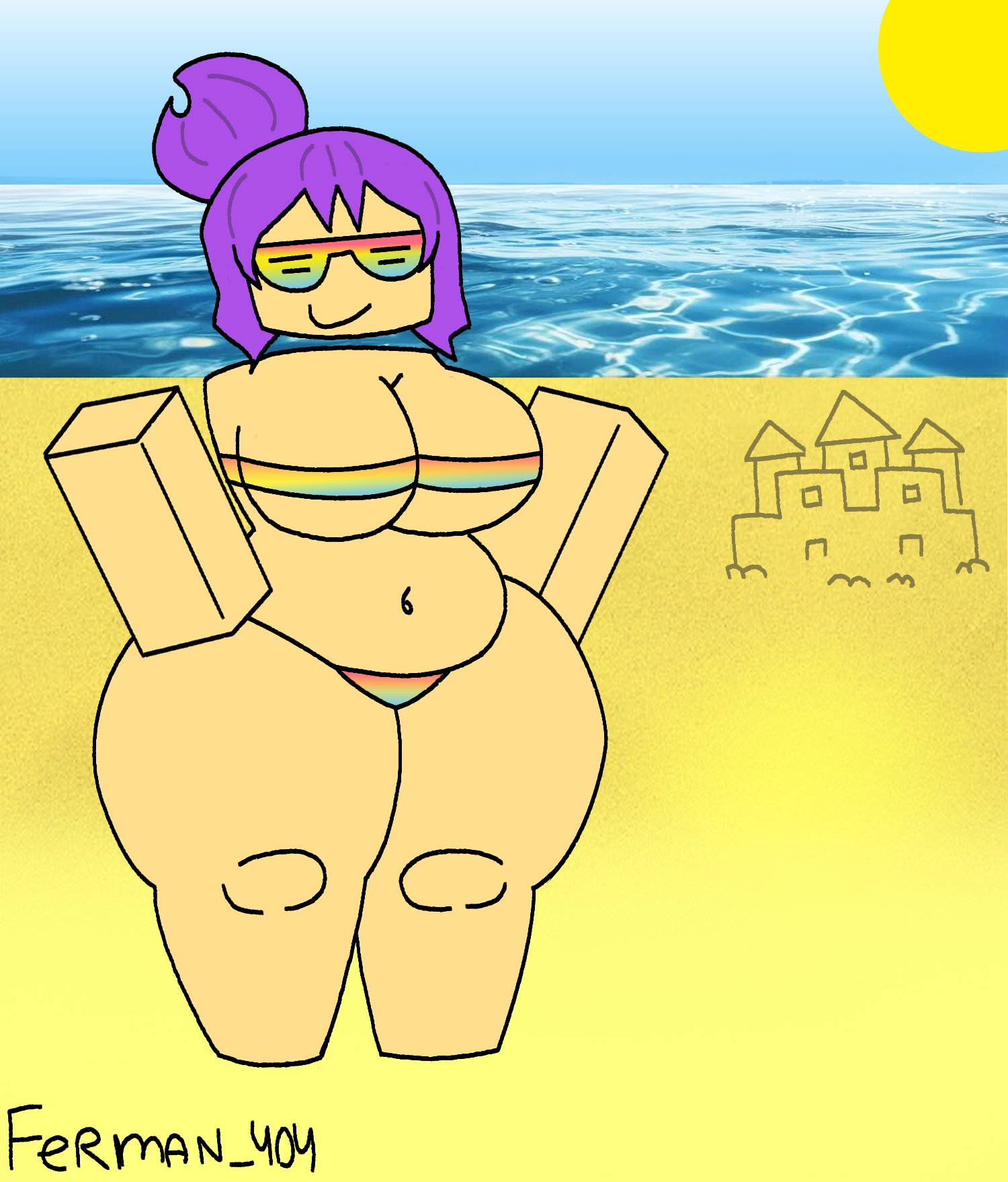 1girls, 2d, 2d (artwork), 2d artwork, artist name, ass, bathing, bathing suit, beach, beach background, belly button, big breasts, bikini, boobs, breasts, brighteyes, brighteyes (forsaken), butt, buttocks, chubby, chubby female, cleavage, clothed, clothed female, clothes, female, female focus, female only, ferman, forsaken (roblox), hair, happy, happy female, ocean, ocean background, outdoors, outside, roblox, roblox game, robloxian, sand, sandcastle, standing, stomach, sun, sunglasses, sunlight, thick, thick ass, thick thighs, thighs, voluptuous, voluptuous female, woman, yellow body, yellow skin