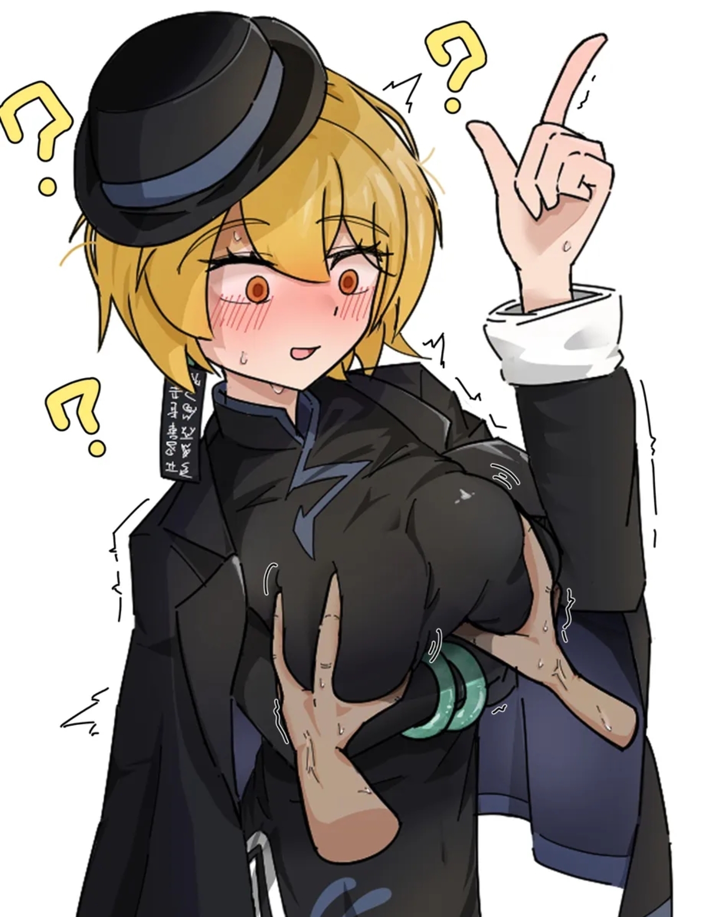 1boy, 1girl, absurdres, between breasts, black coat, black dress, black gloves, black hat, blonde hair, blush, breasts, breasts squeezed together, china dress, chinese clothes, cinq association (identity) (project moon), coat, coat on shoulders, don quixote (limbus company), dress, earrings, gloves, hat, highres, jewelry, large breasts, limbus company, mogunext, project moon, short hair, shy, squeezing, squeezing breast, yellow eyes