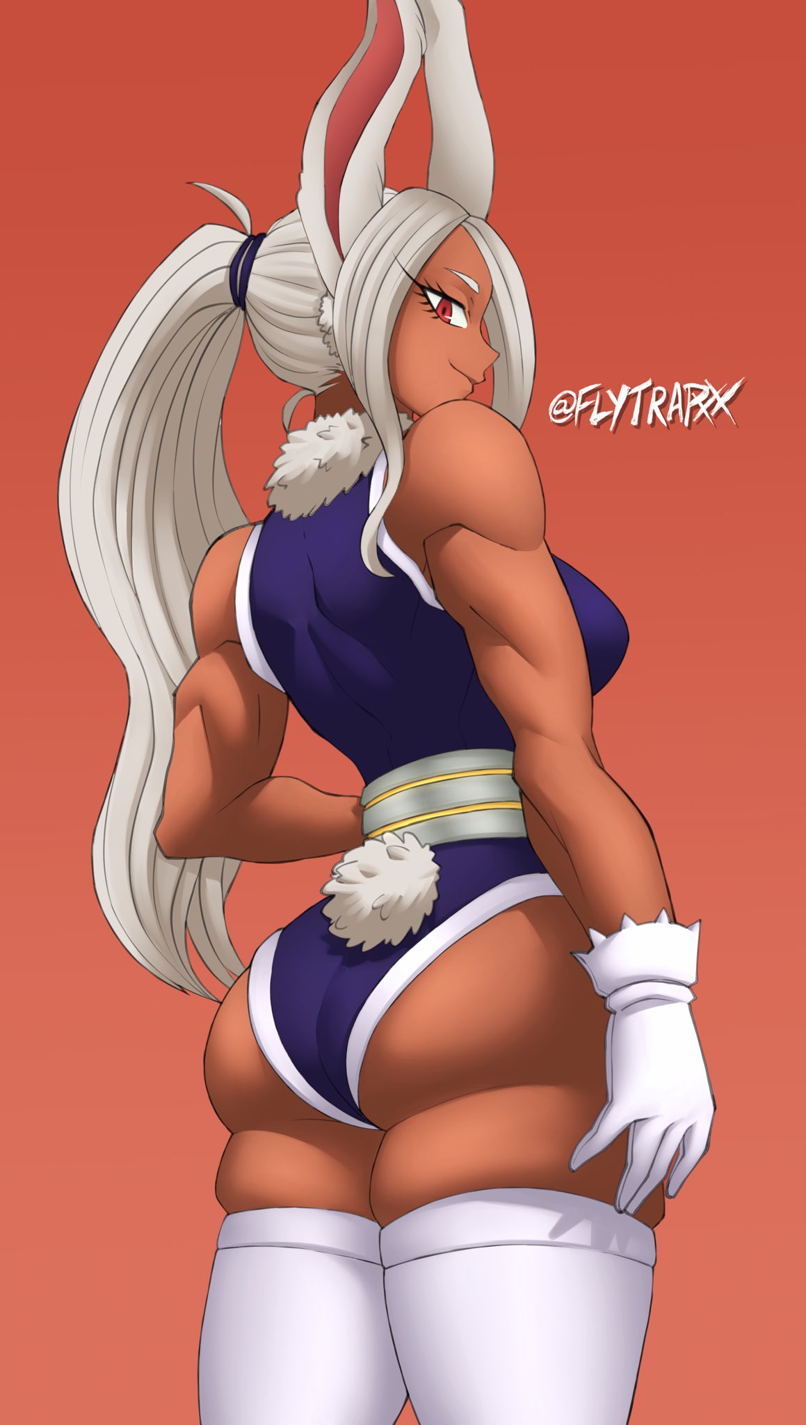 1girls, ass, big ass, breasts, bunny ears, eye contact, female, flytrapxx, long hair, looking at viewer, looking back, miruko, muscular, muscular female, my hero academia, ponytail, red eyes, rumi usagiyama, sideboob, smile, solo, standing, thick thighs, thigh gap, thighs, white hair