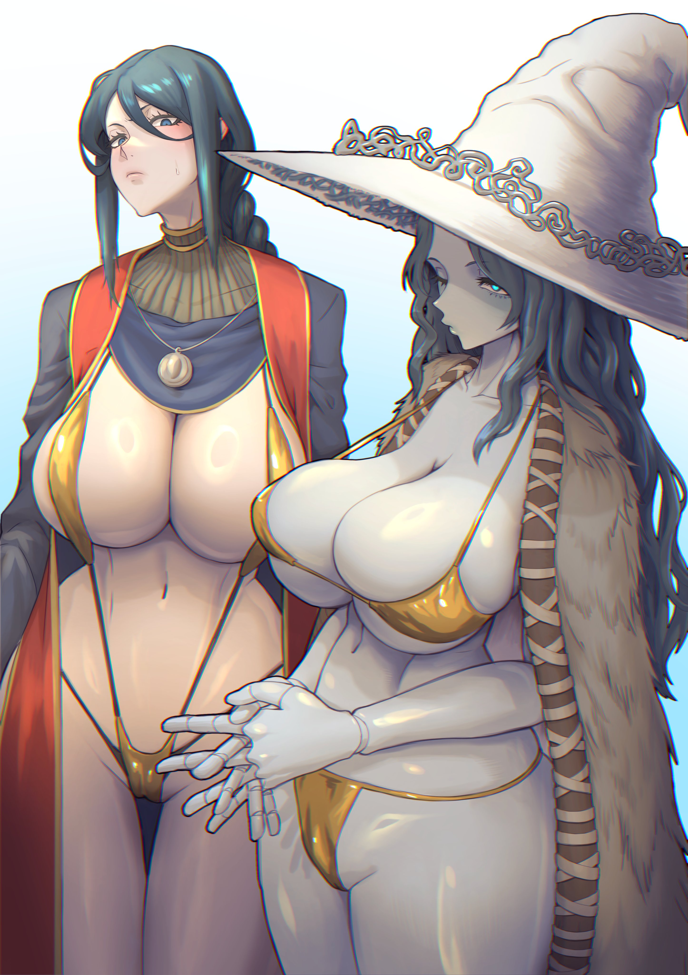 2girls, absurdres, big breasts, bikini, black hair, breasts, cape, curvy, doll joints, elden ring, female, giyouza, gold bikini, hat, highres, huge breasts, joints, large breasts, long hair, looking at viewer, multiple girls, navel, ranni the witch, simple background, sorceress sellen, stomach, swimsuit, thigh gap, white background, white hat