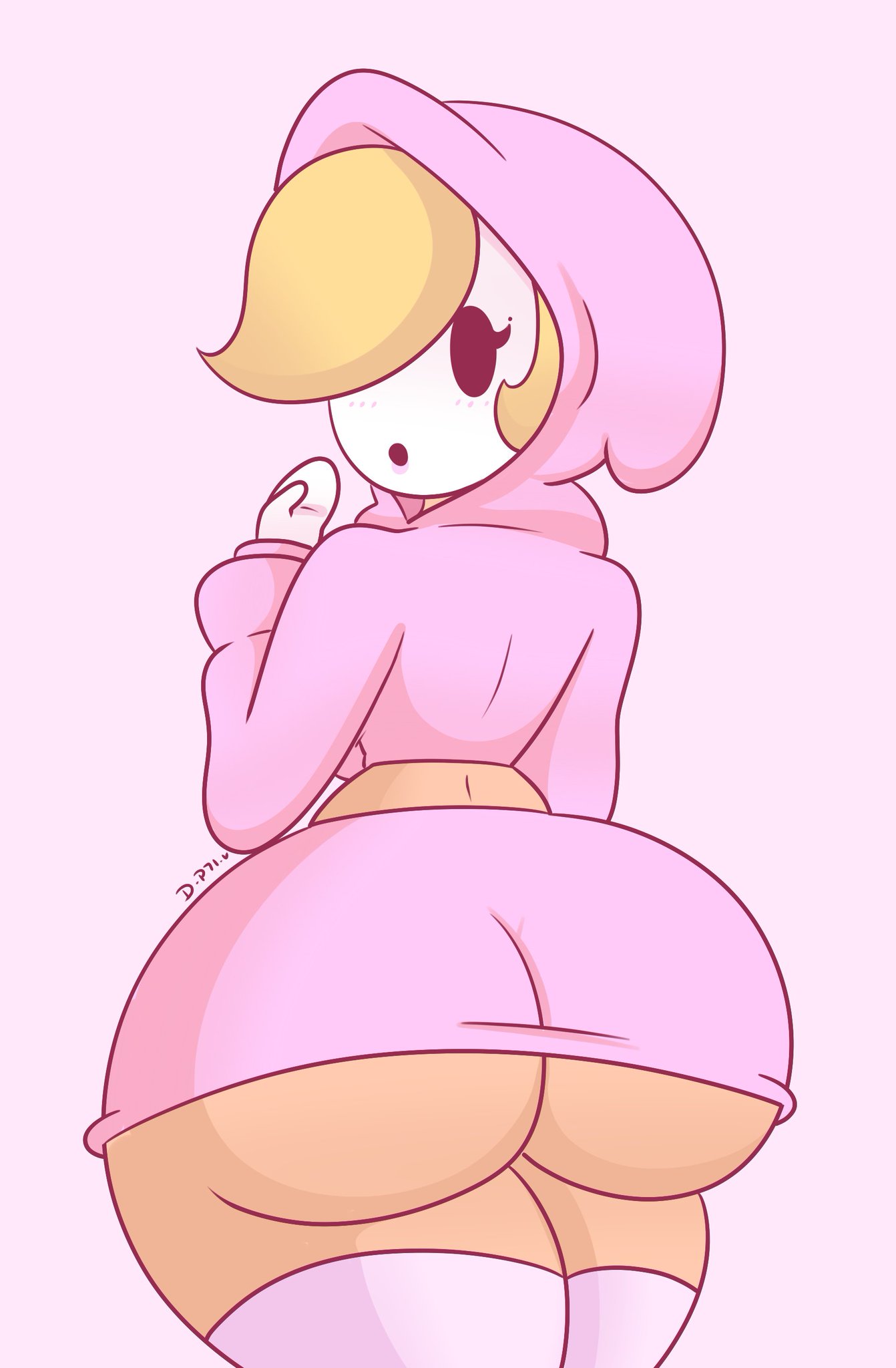 1girls, ass, ass focus, big ass, bimbo, blonde hair, blush, breasts, bubble ass, bubble butt, curvy, cute, daisy-pink71, enormous ass, eyelashes, female, female only, giant ass, gigantic breasts, hoodie, huge ass, large ass, mario (series), mask, nintendo, pink background, shy gal, simple background, skirt, solo, sweater, thick, thick ass, thick thighs, thighhighs, thin, thin waist, wide hips