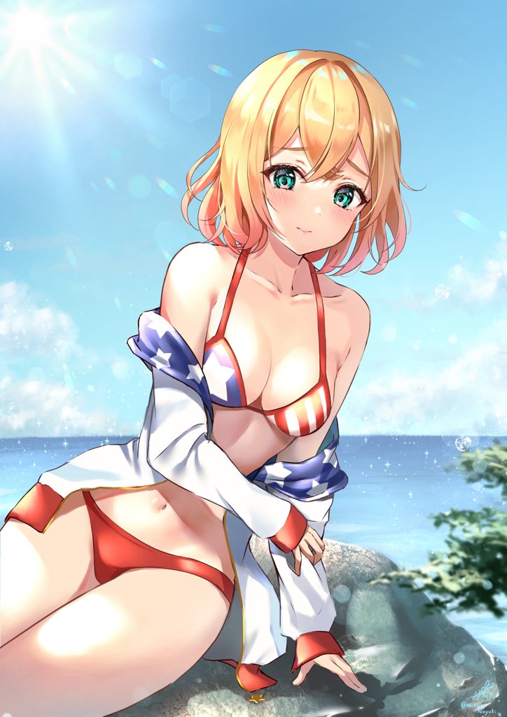 1girls american_flag american_flag_bikini arm_support bangs bare_shoulders bikini blonde_hair blush breasts clavicle cleavage closed_mouth crossed_bangs day female female_only flag_print green_eyes hair_between_eyes hand_up horizon jacket kanojo_okarishimasu legs_together long_sleeves looking_at_viewer medium_breasts mizukanayuki nanami_mami navel ocean off-shoulder_jacket open_clothes open_jacket outdoors raised_eyebrows red_bikini shiny shiny_hair short_hair sleeves_past_wrists solo solo_female solo_focus sparkle sun swimsuit thighs undressing white_jacket