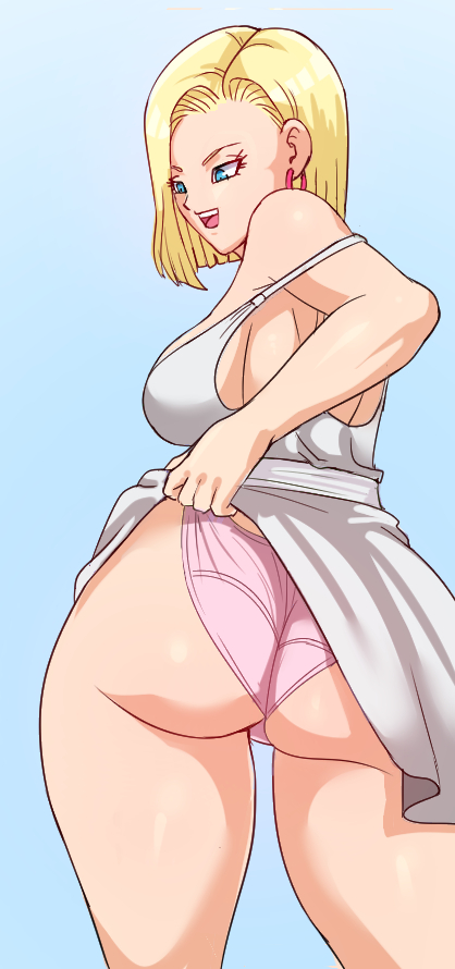1girls, 5 fingers, android, android 18, ass, big ass, big breasts, big butt, blonde, blonde hair, blue background, blue eyes, breasts, bubble ass, bubble butt, busty, cleavage, clothed, clothed female, clothes, clothing, color, colored, curvaceous, curvy, curvy body, curvy female, curvy figure, dragon ball, dragon ball z, dress, dress lift, ear piercing, ear ring, earring, earrings, eyelashes, female, female focus, female only, hourglass figure, huge areolae, huge ass, huge breasts, huge butt, large ass, large breasts, light skin, light-skinned female, looking back, mouth open, open eyes, open mouth, panties, pink panties, pinkpawg, plain background, round ass, round ears, short hair, shounen jump, sideboob, solo, solo female, solo focus, standing, teasing, thick ass, thick legs, thick lips, thick thighs, thin waist, uncensored, underwear, voluptuous, white dress, wide hips, yellow hair