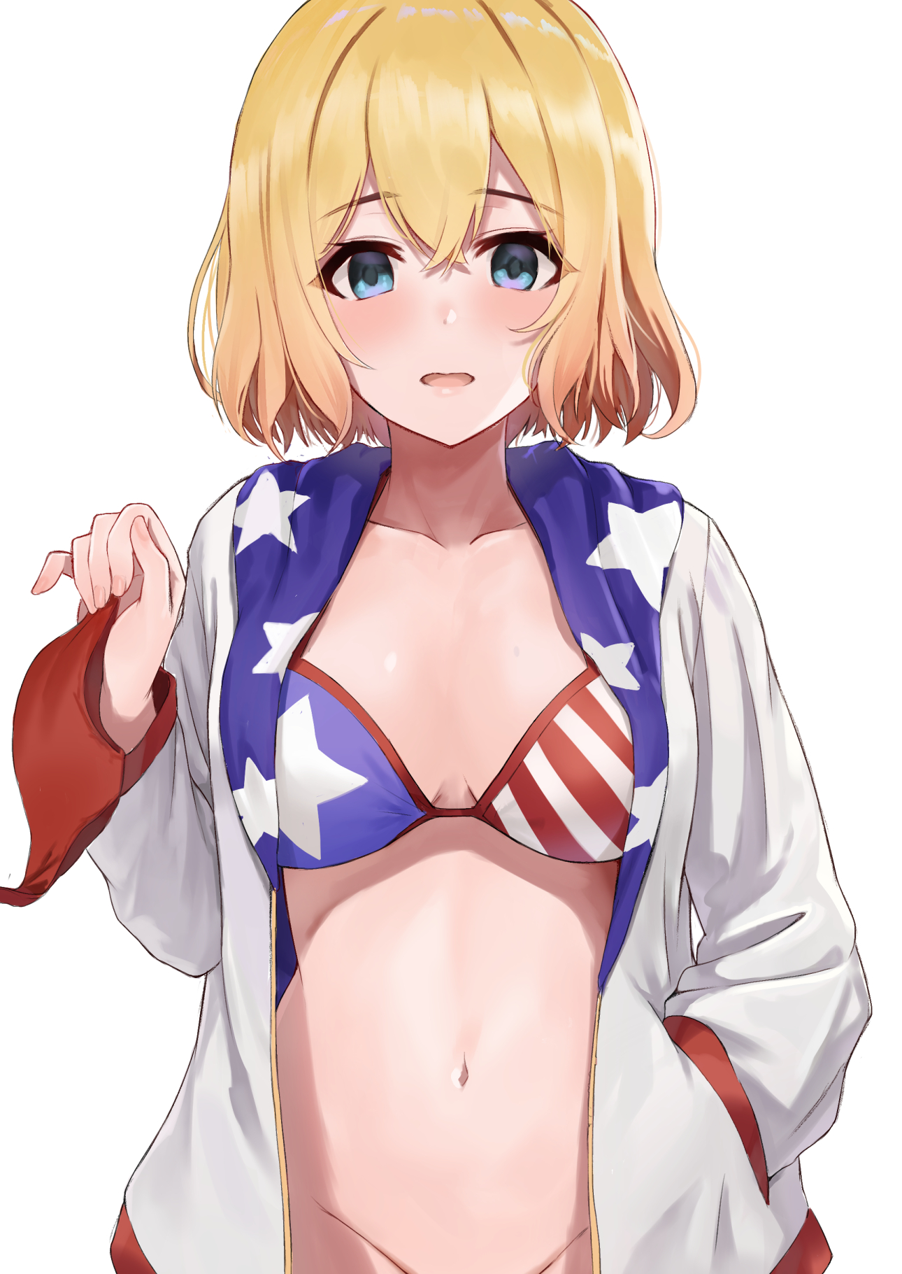 american flag, american flag bikini, ayul (ayulneri 92), bangs, bikini, blonde hair, blue eyes, blush, crossed bangs, eyebrows visible through hair, female, flag print, hair between eyes, hand in pocket, high resolution, jacket, kanojo okarishimasu, looking at viewer, nanami mami, navel, open mouth, print bikini, print swimsuit, short hair, simple background, solo, stomach, swimsuit, white background, white jacket