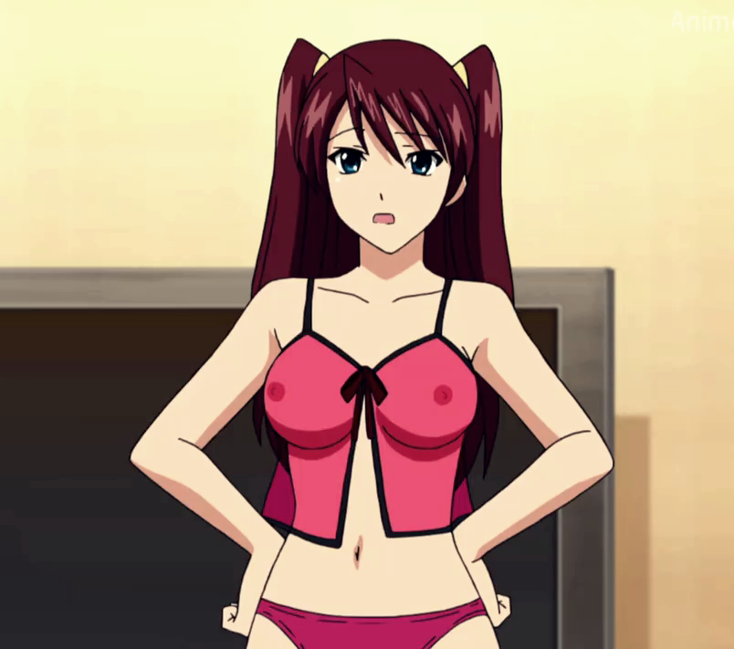 1girls agent_aika aika_zero breasts eri_shinkai female female_focus female_only hand_on_hip human indoors light-skinned_female light_skin lingerie long_hair negligee nipple_rings nipples_visible_through_clothing panties ponytail red_hair screencap solo solo_female solo_focus transparent_clothing