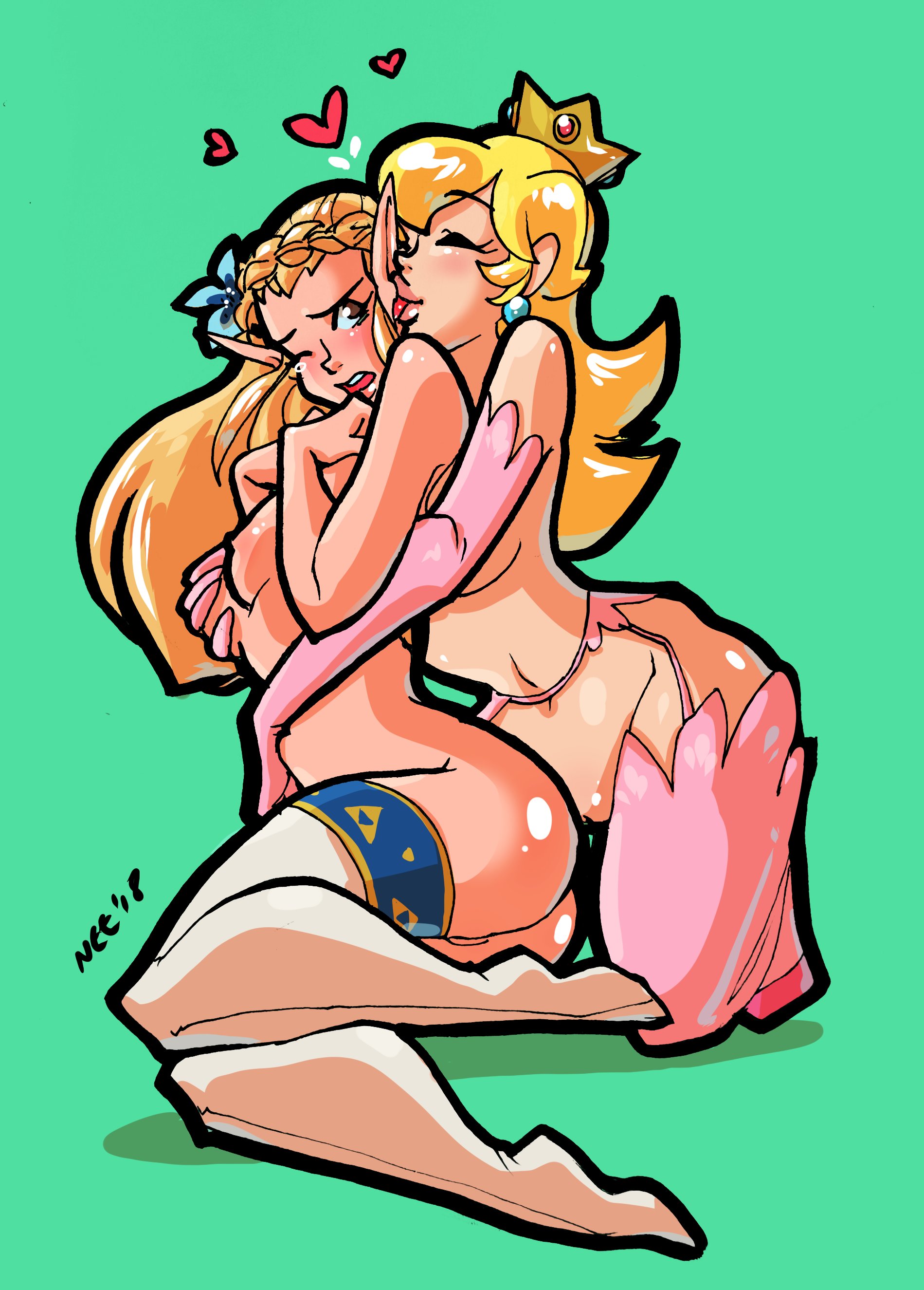 2018, 2girls, artist name, belly dancer outfit, blonde hair, braided hair, breath of the wild, clothing, crossover, crown, dated, death battle, demigoddess, female, female only, full body, green background, hair flower, heart, hugging from behind, legwear, long hair, mario (series), multiple females, multiple girls, neo-edo-exican, nintendo, nude, princess, princess peach, princess zelda, royalty, signature, simple background, the legend of zelda, thick thighs, triforce, triforce stockings, very high resolution, yuri, zelda (breath of the wild)