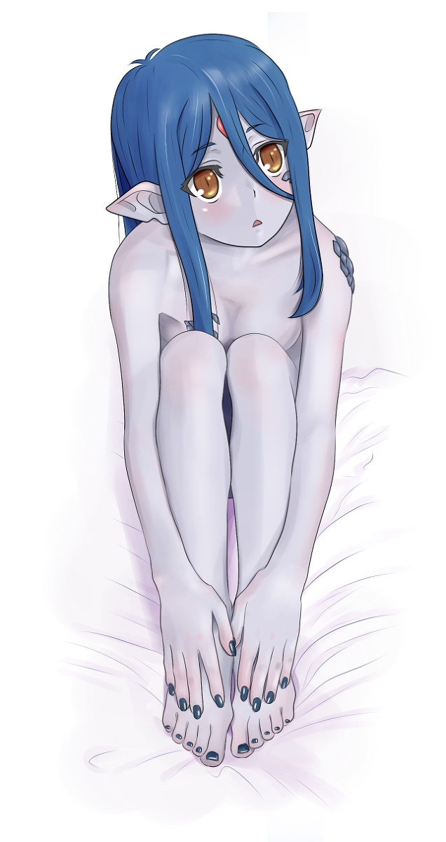 1girls blue_hair blue_skin blush dungeon_ni_deai_wo_motomeru_no_wa_machigatteiru_darou_ka edit feet female foot_worship forehead_jewel monster_girl nude orange_eyes pointy_ears scales solo tagme wiene