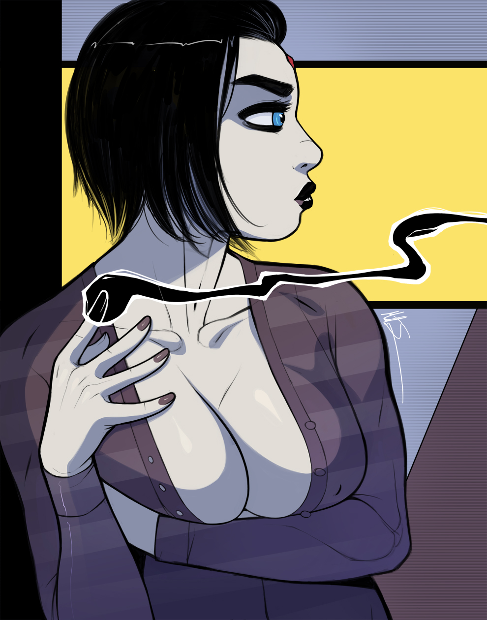 big breasts, black hair, blue eyes, breasts, busty, cleavage, dc, dc comics, female, female focus, female only, hourglass figure, lipstick, makeup, msperoni, nail polish, open shirt, pinup, pinup pose, pose, posing, rachel roth, raven (dc), shirt, short hair, solo, straight hair, tagme, teen titans, triplexmile, wide hips