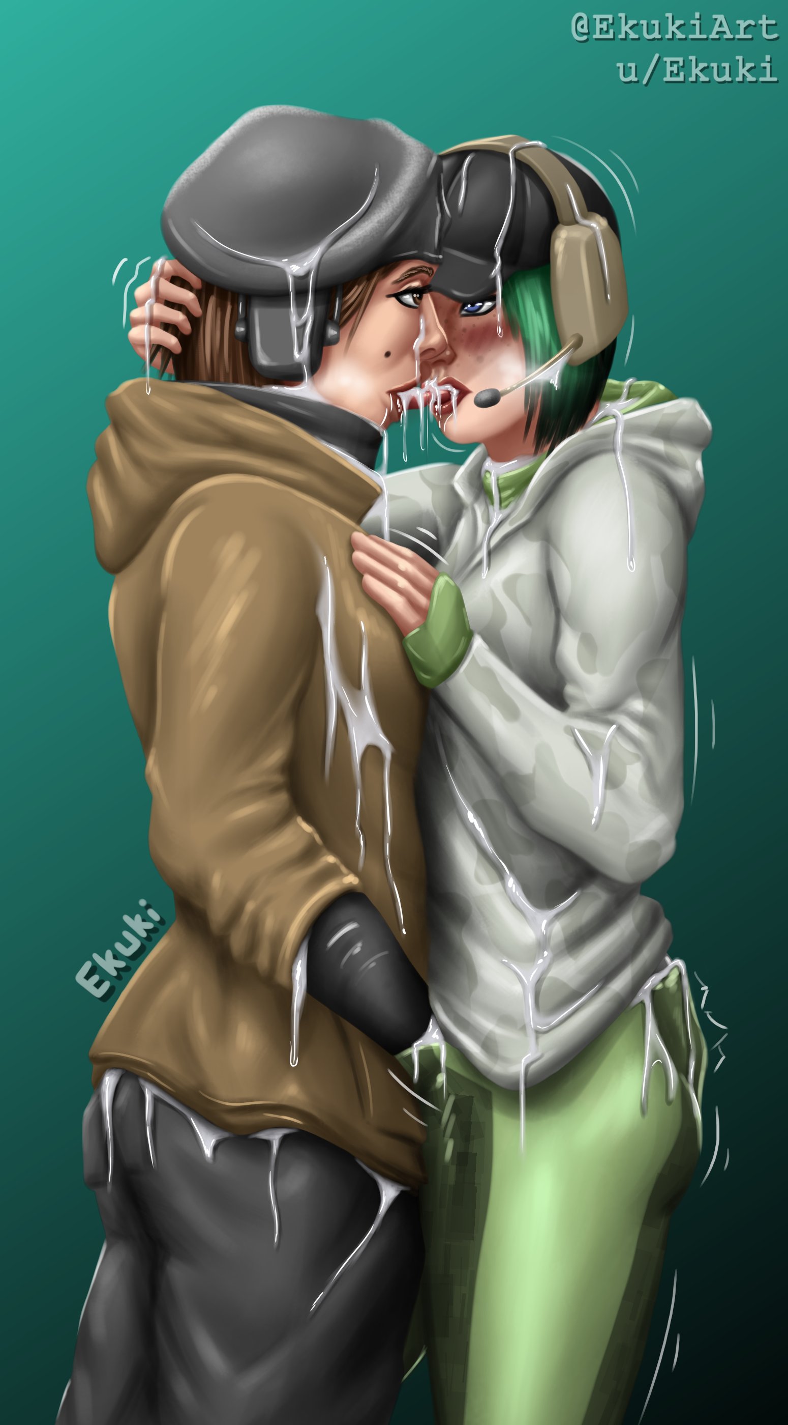 2girls, beret, blue eyes, brown eyes, brown hair, clothed, cum, cum on body, ekuki, ela (rainbow six), female, green hair, headset, incest, kissing, milf, multiple females, multiple girls, oral, rainbow six, rainbow six siege, sisters, tagme, tom clancy, yuri, zofia (rainbow six)