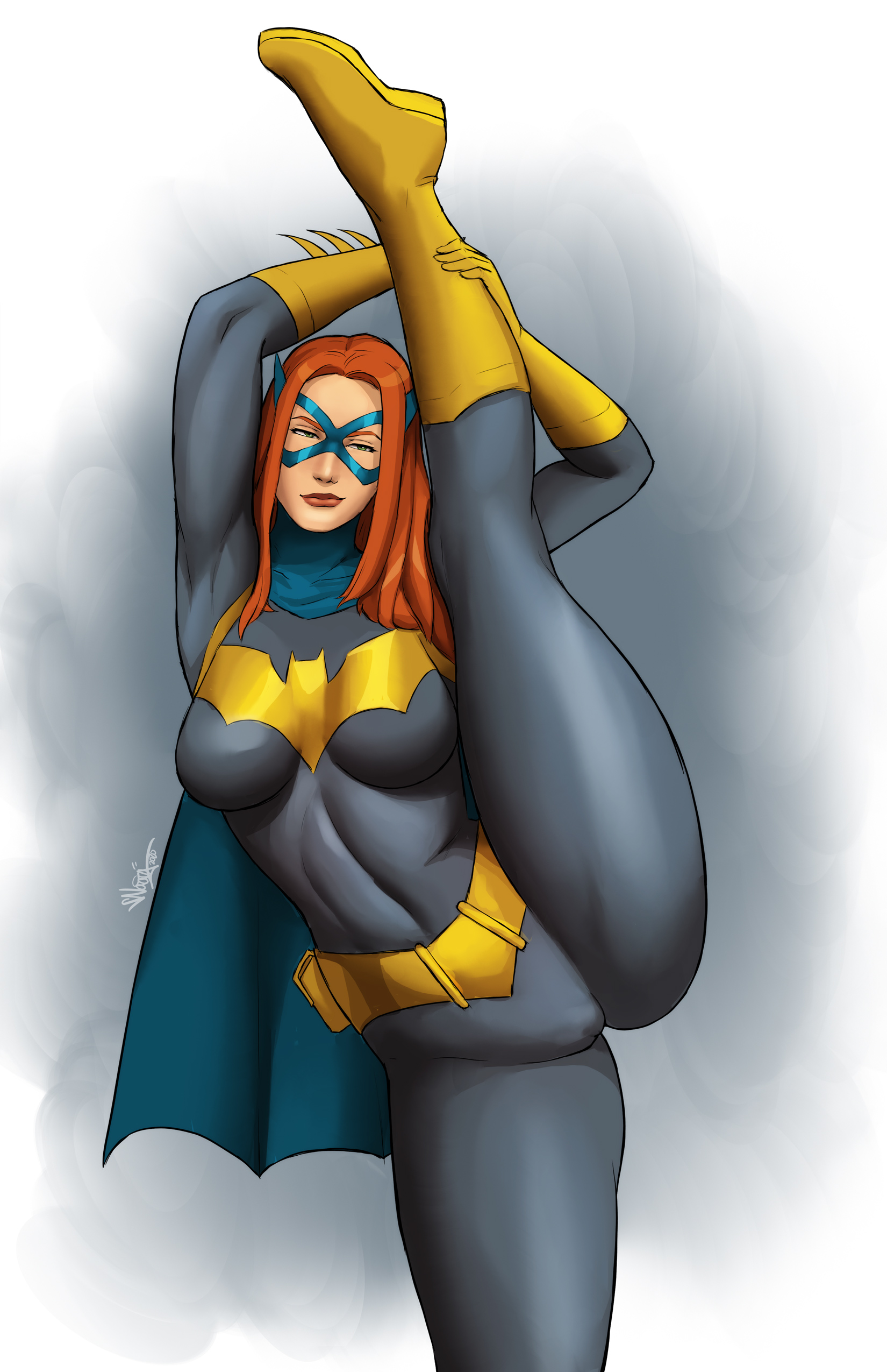 1girls, abs, athletic, athletic female, barbara gordon, batgirl, batman (series), big breasts, bodysuit, breasts, cameltoe, dc, dc comics, female, female only, green eyes, mask, naavs, pussy, red hair, see-through, see-through clothing, skin tight, smirk, solo, tight clothing, vertical splits, wide hips